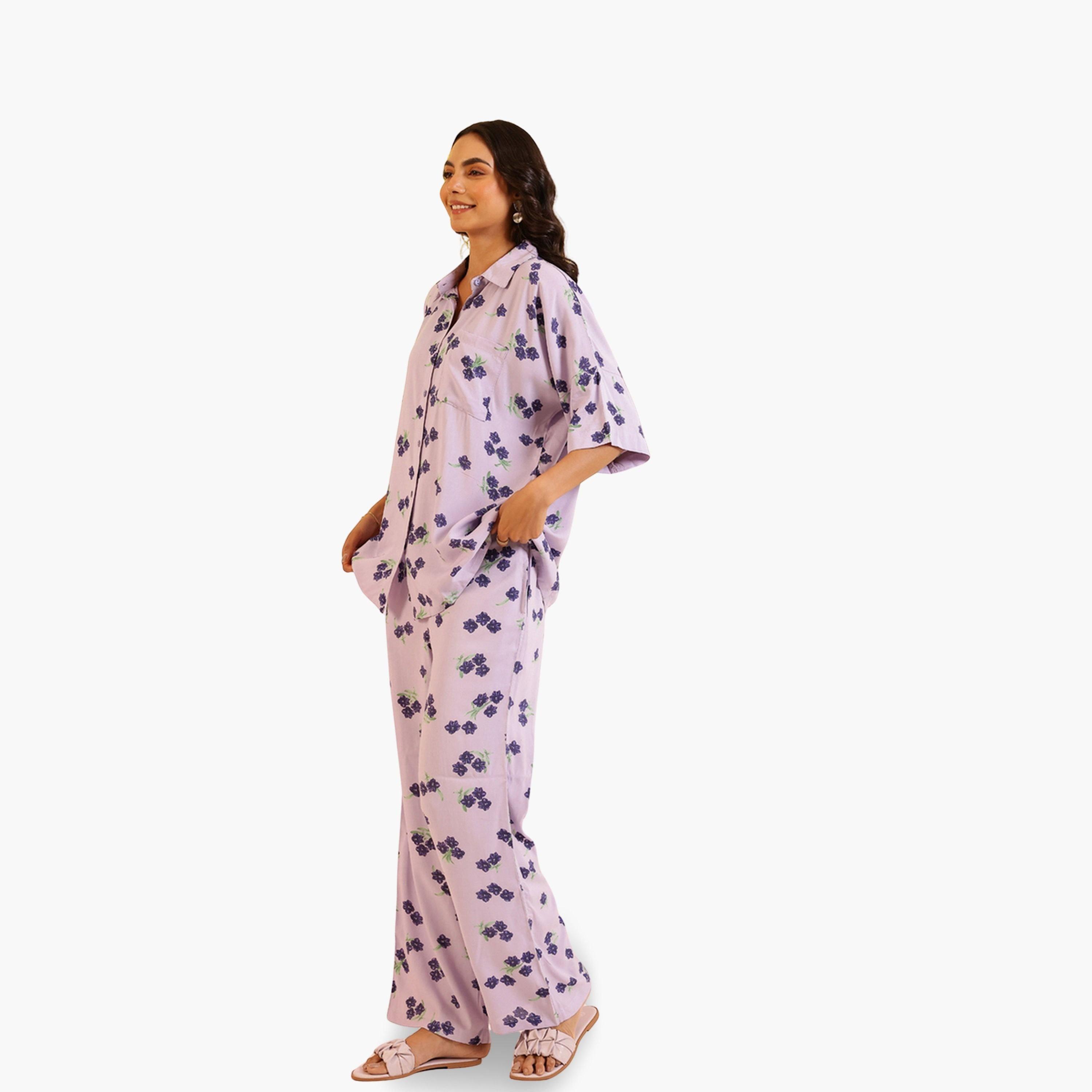 طقم بيجاما نسائي من قميص وبنطال بطبعة زهور-women-clothing-nightwear-pyjamas-longsets-image-4