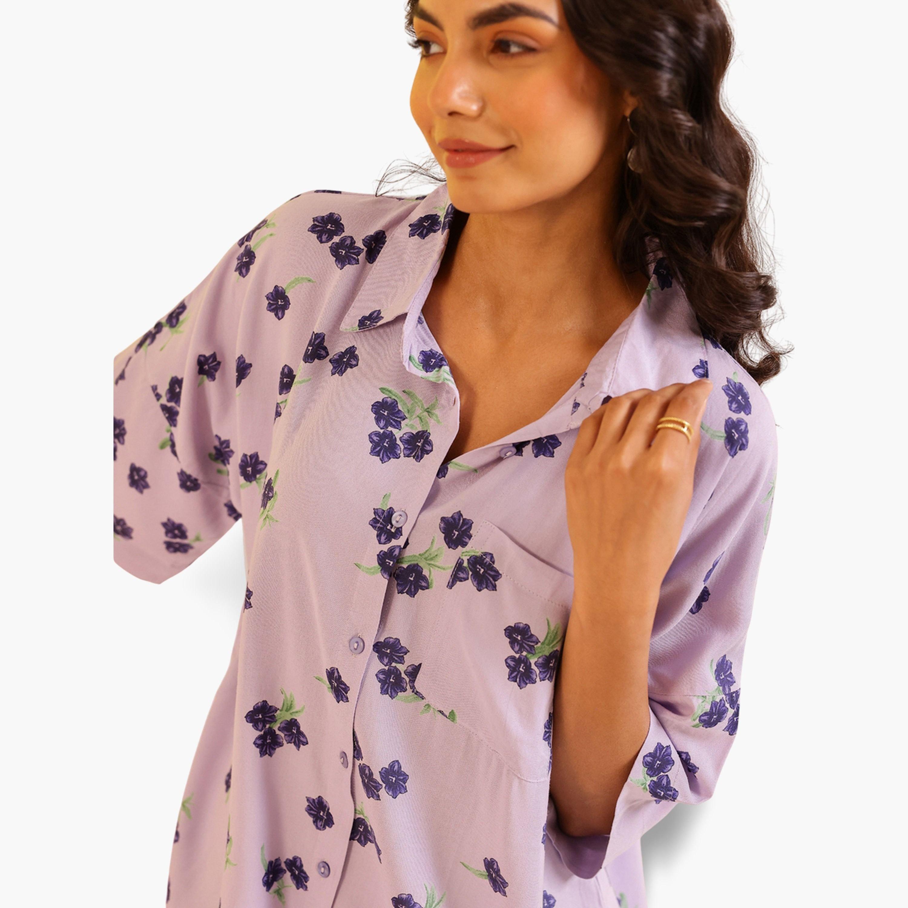 طقم بيجاما نسائي من قميص وبنطال بطبعة زهور-women-clothing-nightwear-pyjamas-longsets-image-5