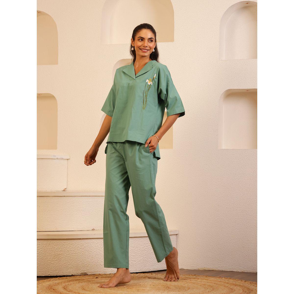 Sanskrutihomes Women Green Embroidered Collared Shirt and Pyjama Set-women-clothing-nightwear-pyjamas-longsets-image-3