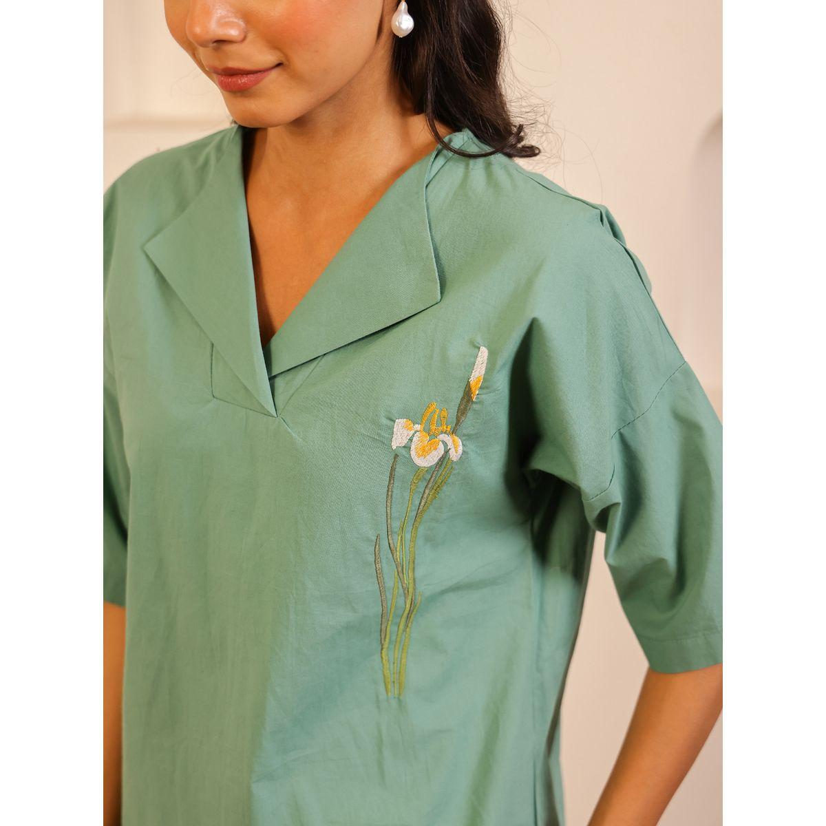 Sanskrutihomes Women Green Embroidered Collared Shirt and Pyjama Set-women-clothing-nightwear-pyjamas-longsets-image-5