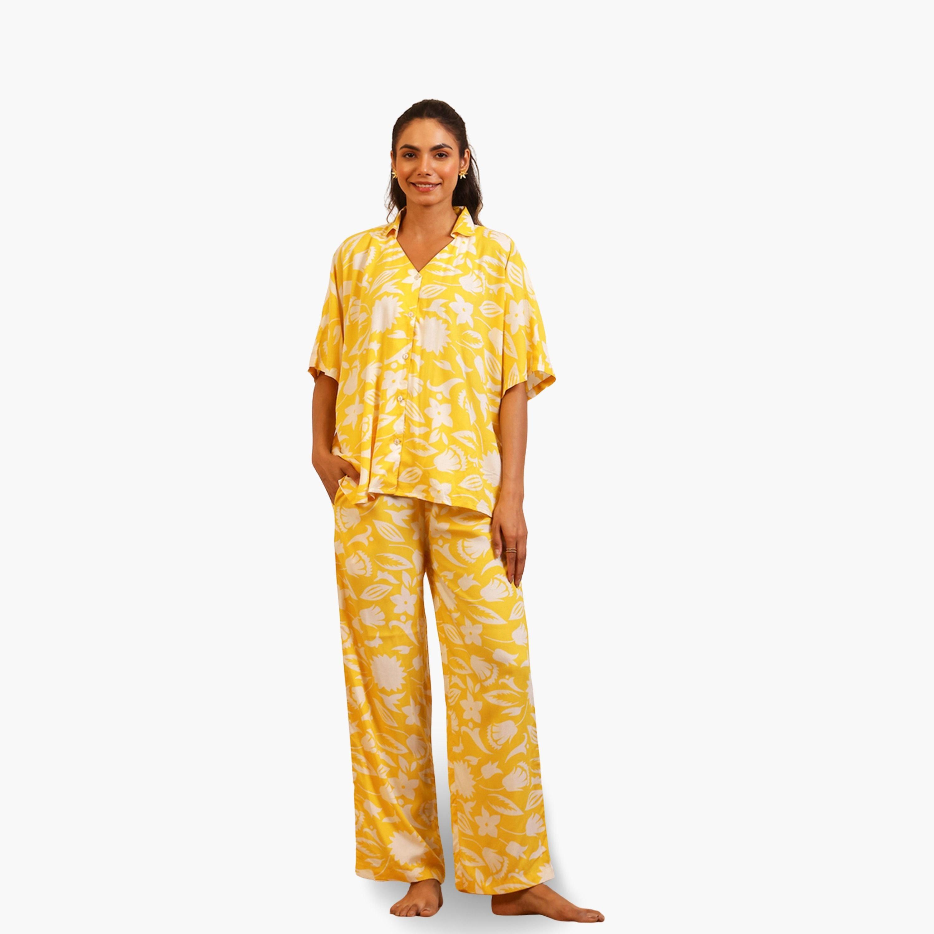 Sanskrutihomes Women Yellow Floral Print Top and Pyjama Set-women-clothing-nightwear-pyjamas-longsets-image-1