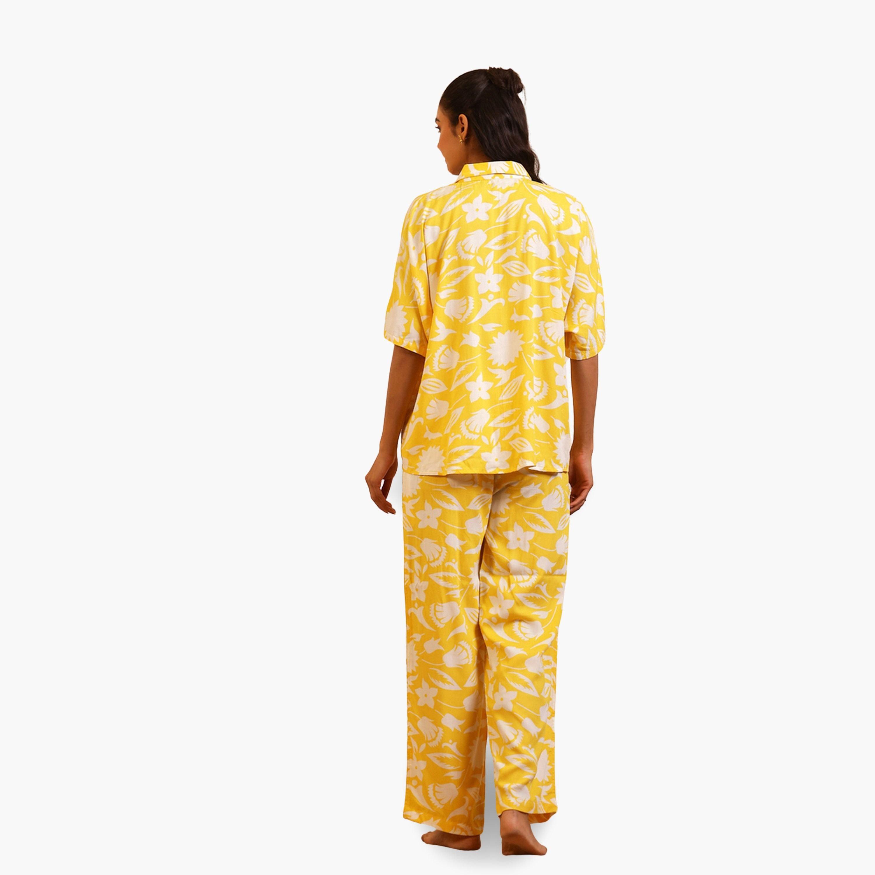 Sanskrutihomes Women Yellow Floral Print Top and Pyjama Set-women-clothing-nightwear-pyjamas-longsets-image-2