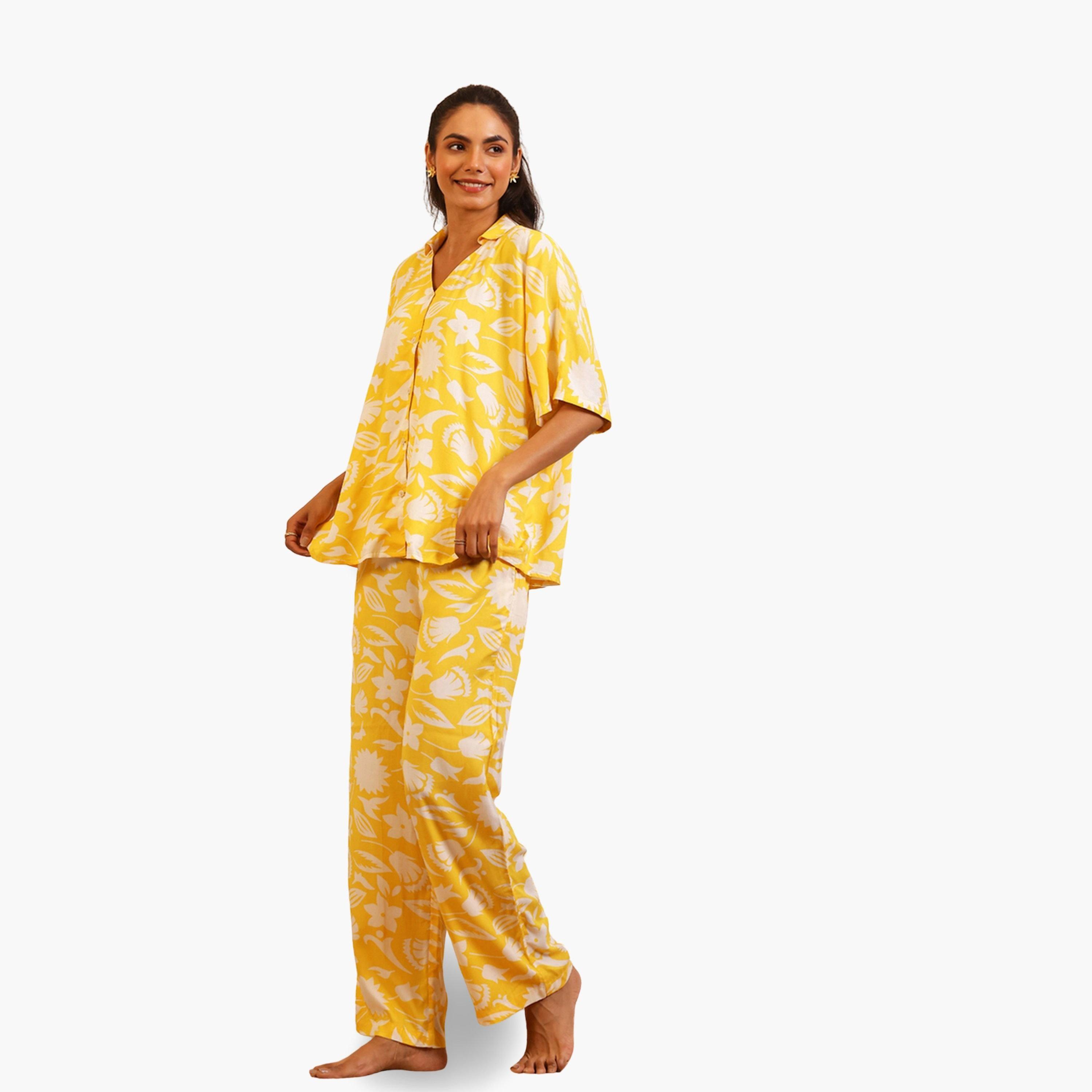 Sanskrutihomes Women Yellow Floral Print Top and Pyjama Set-women-clothing-nightwear-pyjamas-longsets-image-4