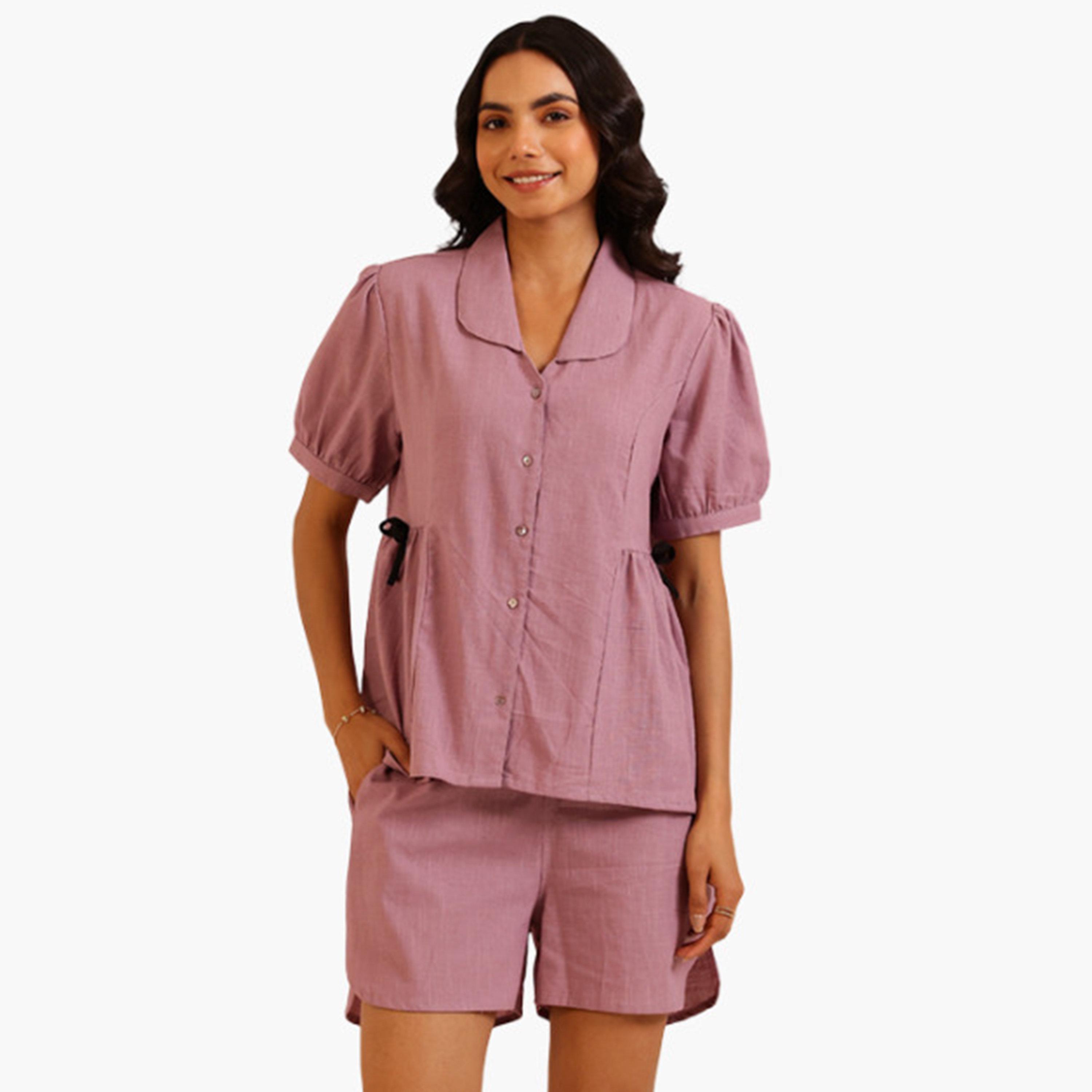 طقم بيجاما نسائي من بلوزة بأزرار وشورت-women-clothing-nightwear-pyjamas-shortsets-image-1