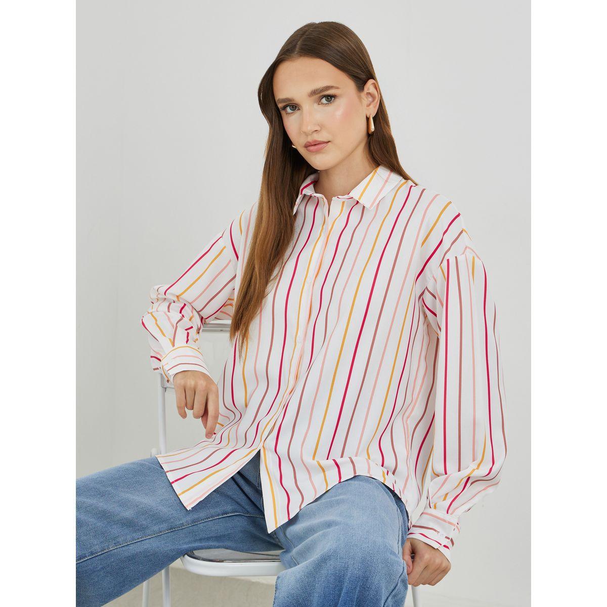 بلوزة مخططة فضفاضة بياقة سبريد-women-clothing-shirtsandblouses-shirts-image-1
