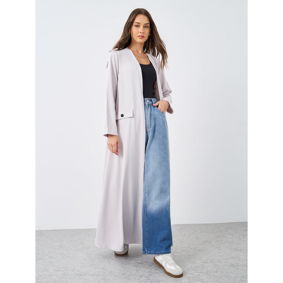 Amirah X Styli Front Open Abaya with Mock Flap Pockets-women-arabicclothing-abayas-image-1