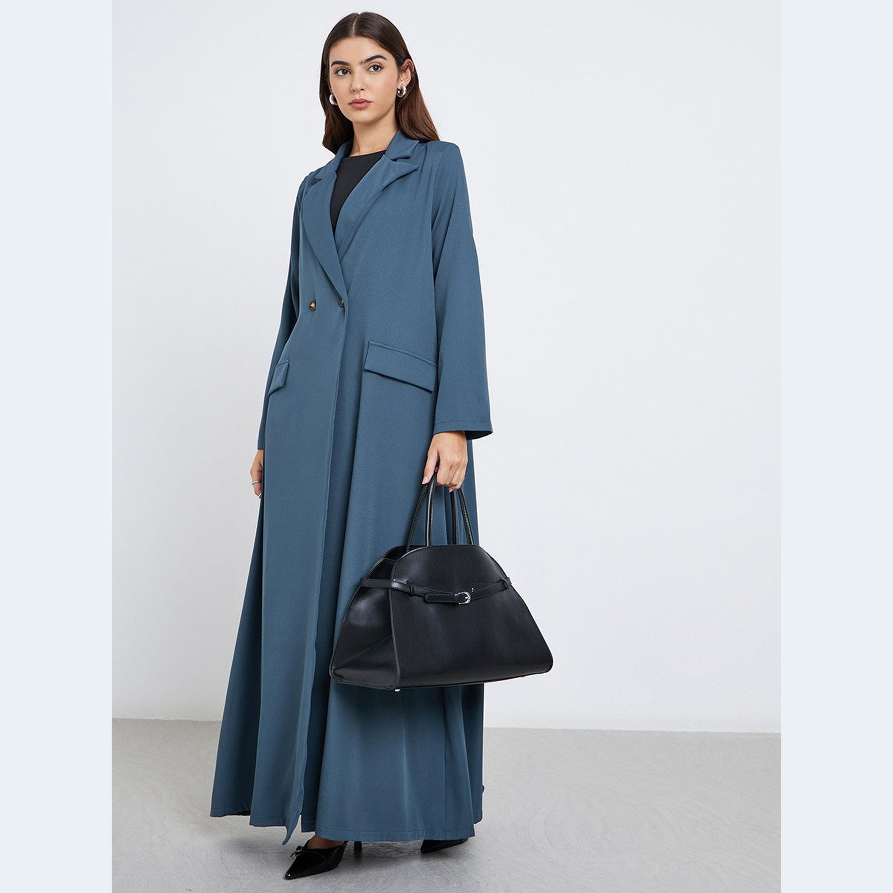 Styli Women Notch Lapel Abaya with Mock Flap-women-arabicclothing-abayas-image-1