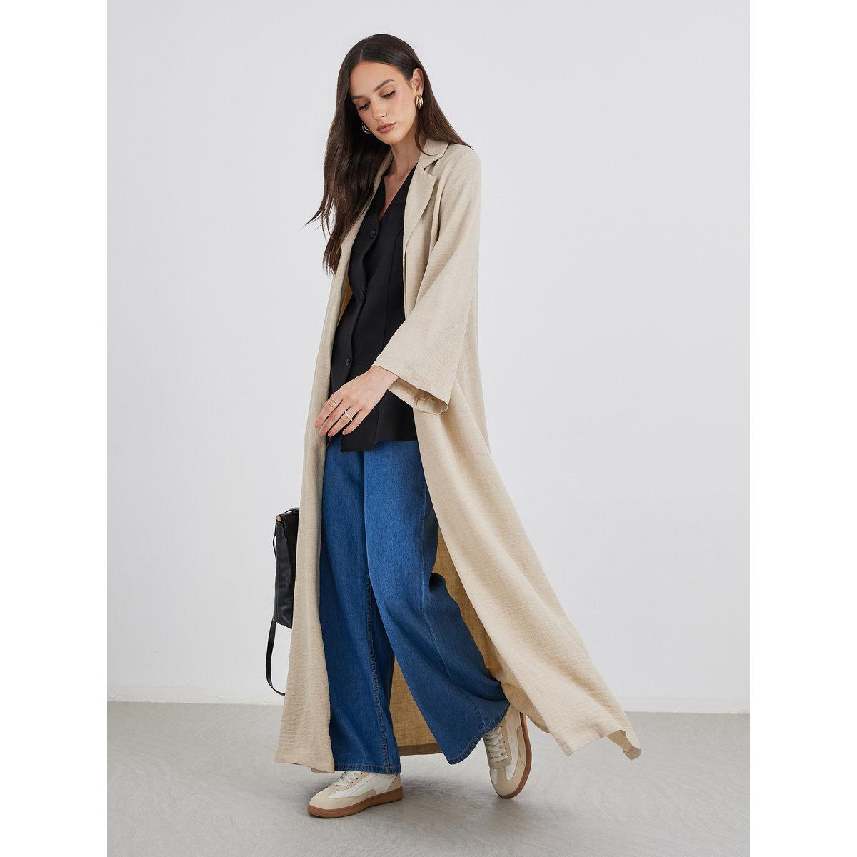 Amirah X Styli Women Beige Front Open Abaya with Notch Lapel-women-arabicclothing-abayas-image-1