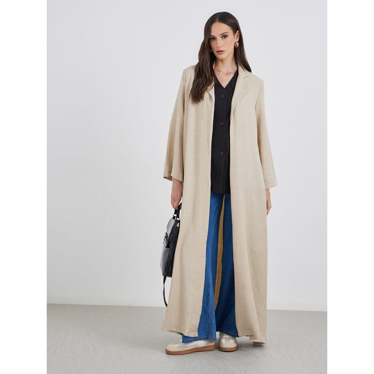 Amirah X Styli Women Beige Front Open Abaya with Notch Lapel-women-arabicclothing-abayas-image-2