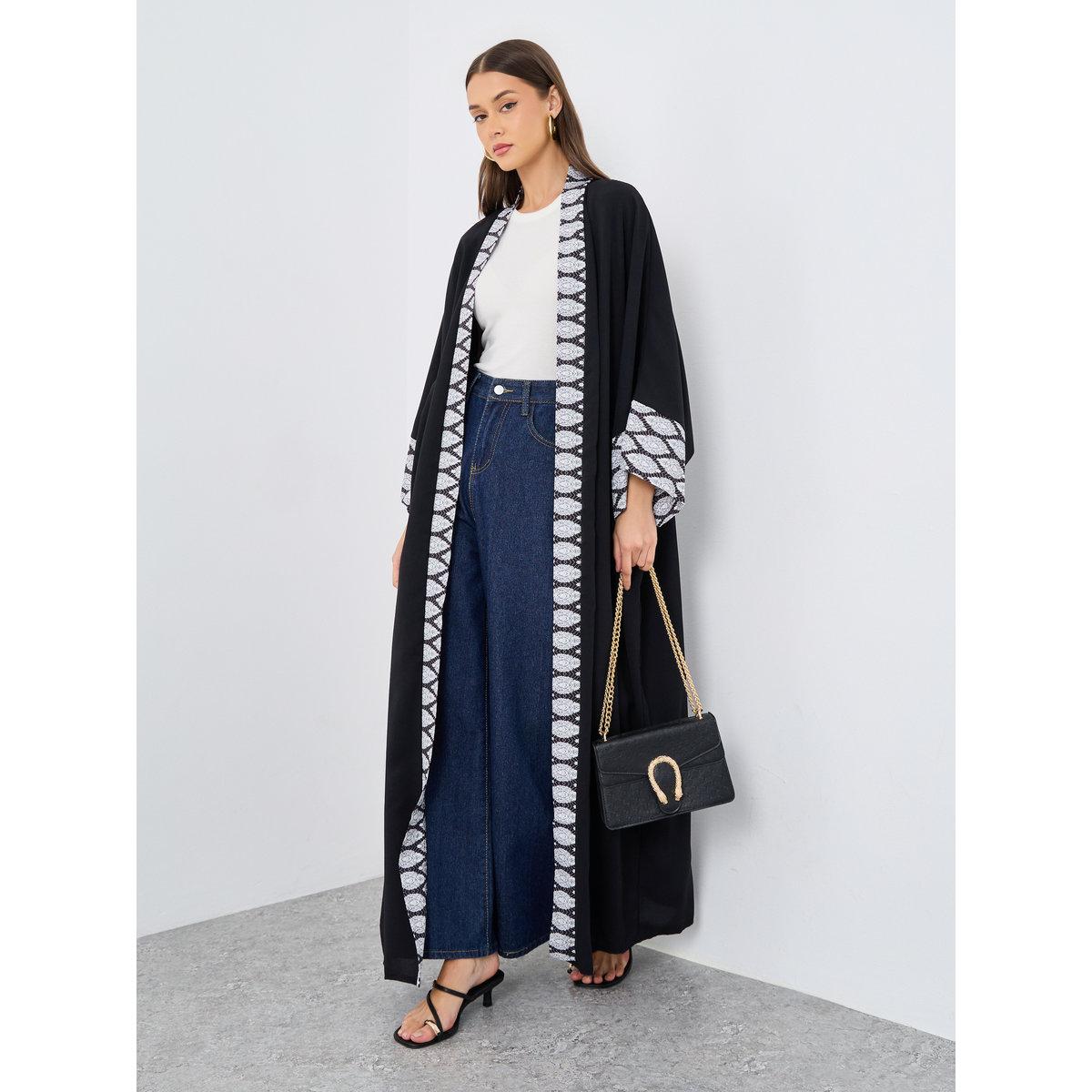 Styli Women Black Printed Border Abaya-women-arabicclothing-abayas-image-1