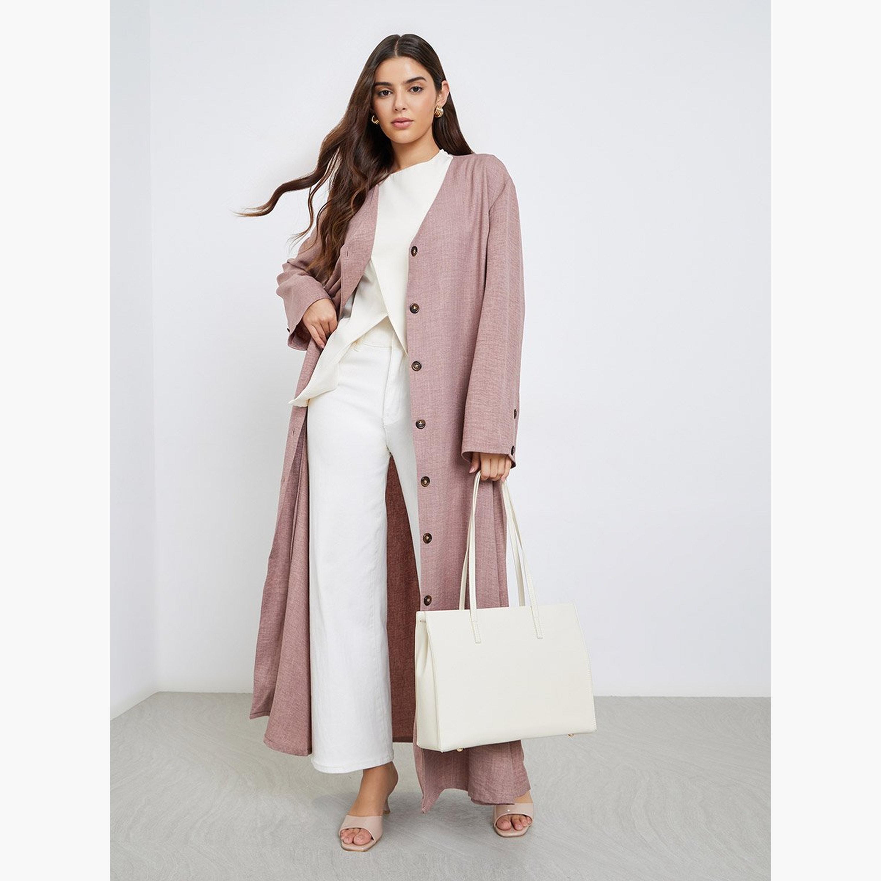Styli Pink Button Detail Abaya with Box Pleat-women-arabicclothing-abayas-image-1