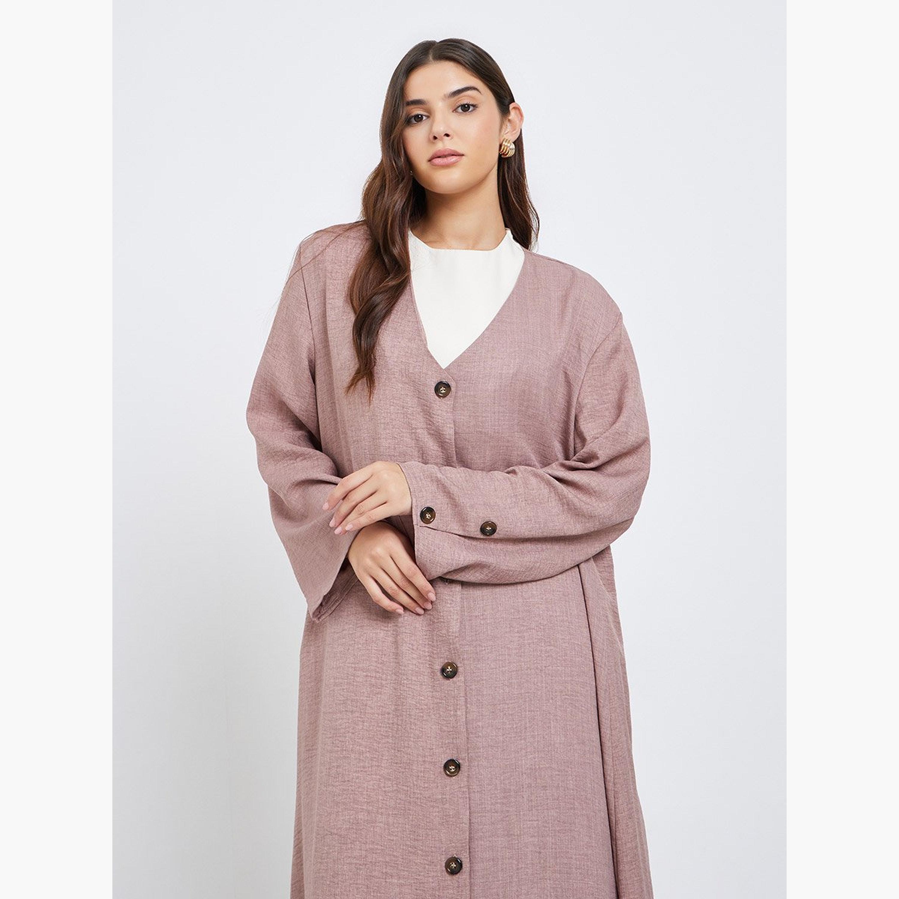Styli Pink Button Detail Abaya with Box Pleat-women-arabicclothing-abayas-image-2