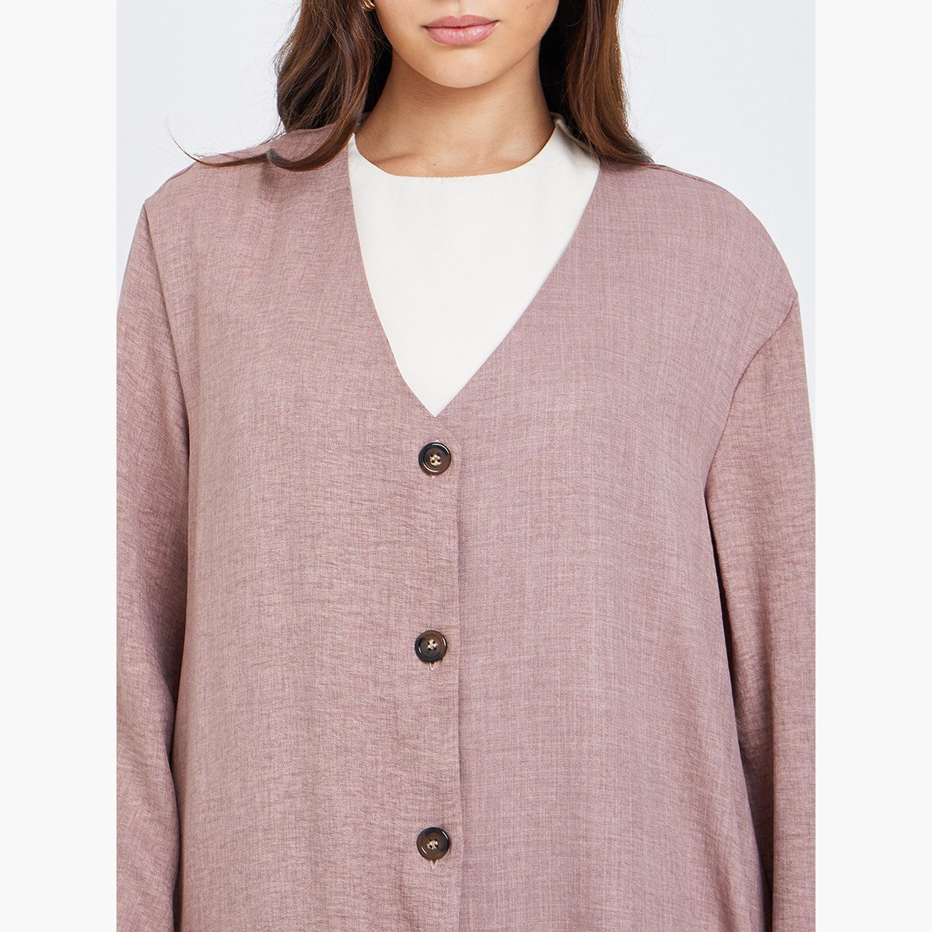 Styli Pink Button Detail Abaya with Box Pleat-women-arabicclothing-abayas-image-3