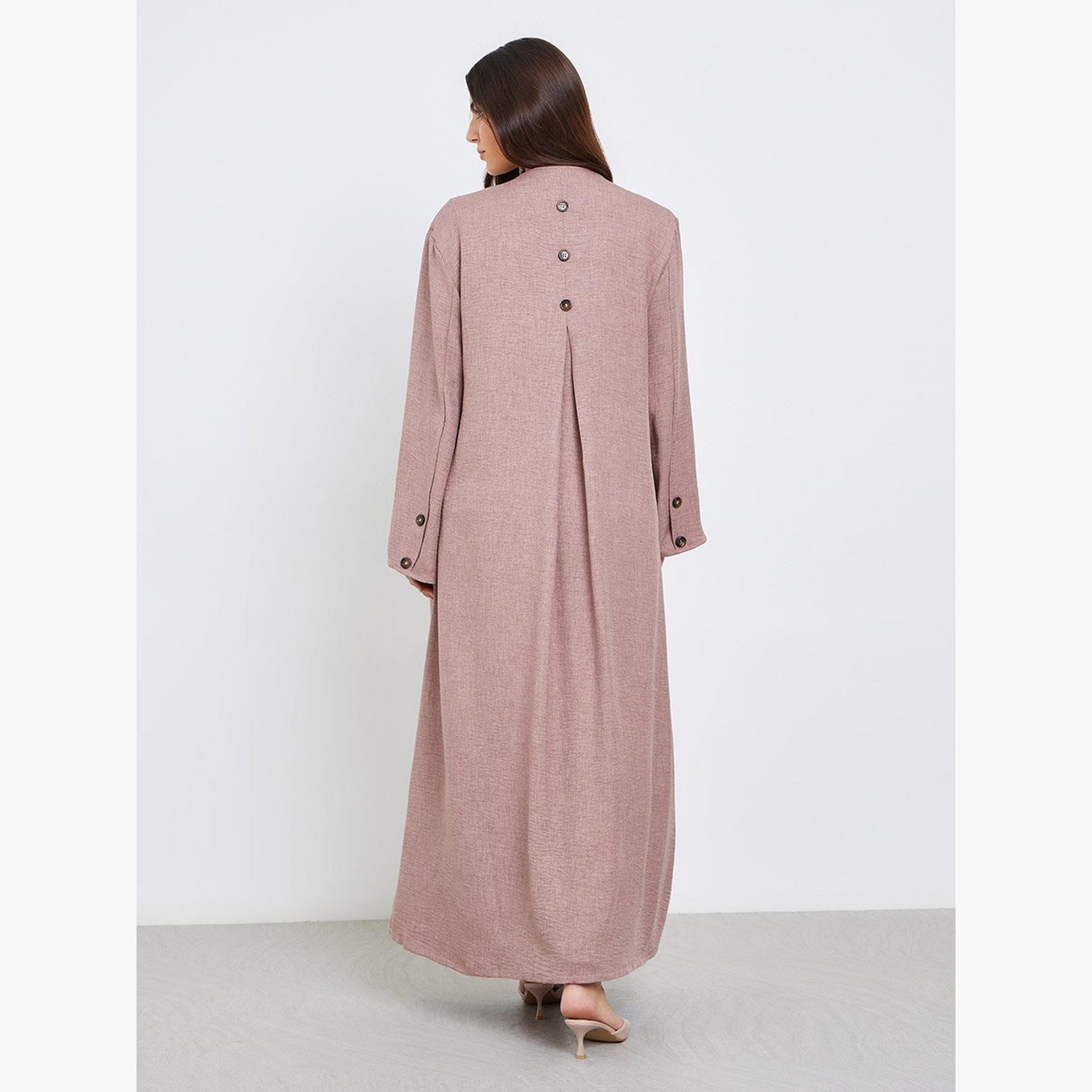 Styli Pink Button Detail Abaya with Box Pleat-women-arabicclothing-abayas-image-4