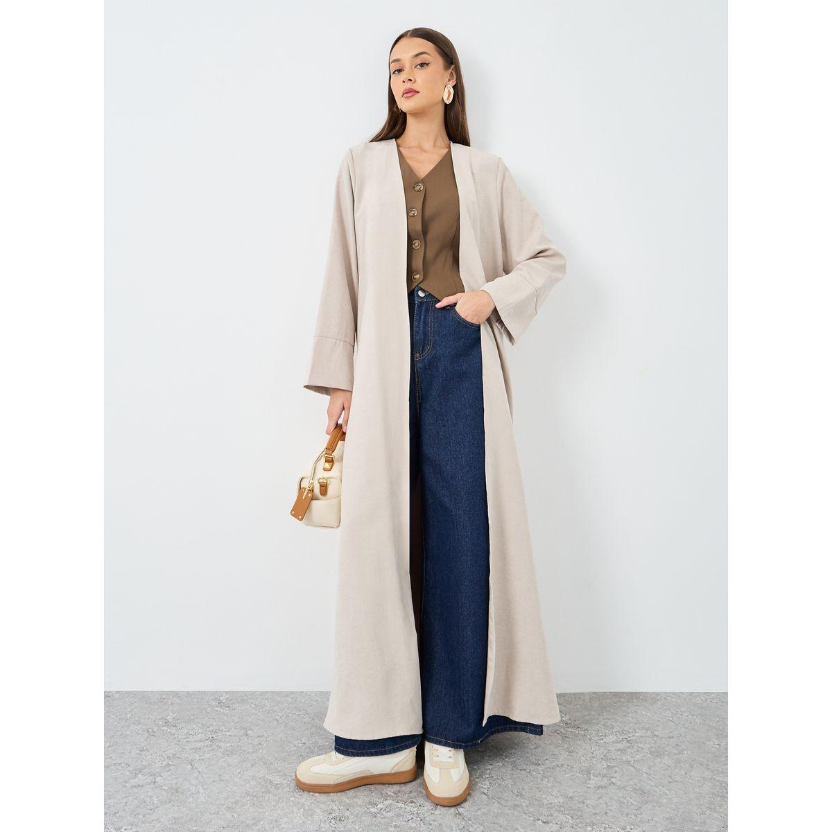 Amirah X Styli Beige Suede Look Front Open Abaya-women-arabicclothing-abayas-image-1