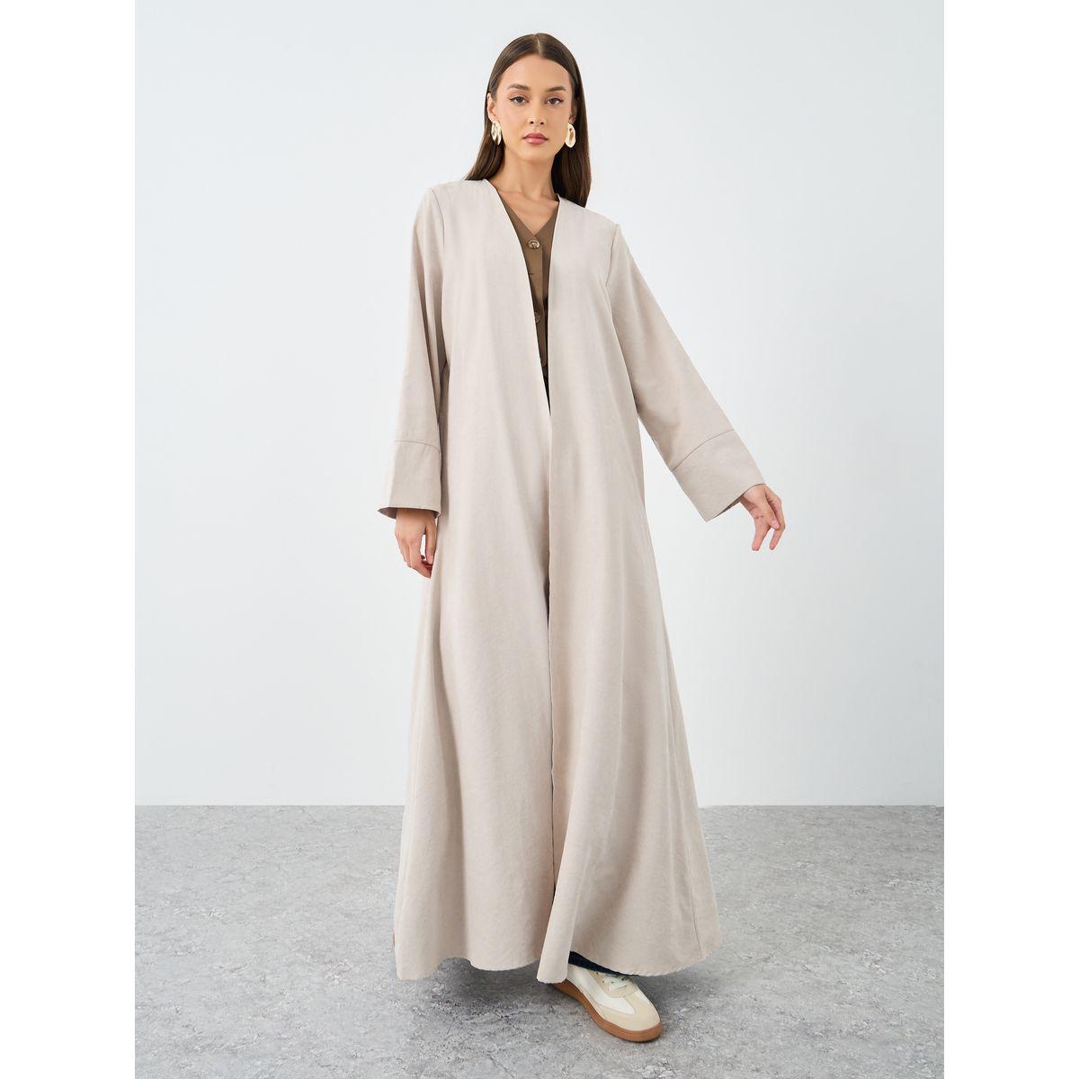 Amirah X Styli Beige Suede Look Front Open Abaya-women-arabicclothing-abayas-image-2