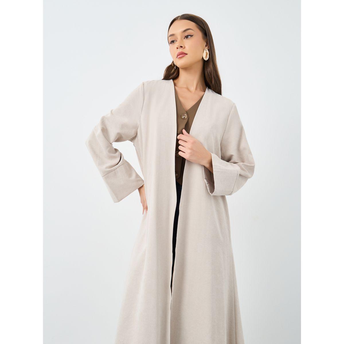 Amirah X Styli Beige Suede Look Front Open Abaya-women-arabicclothing-abayas-image-3