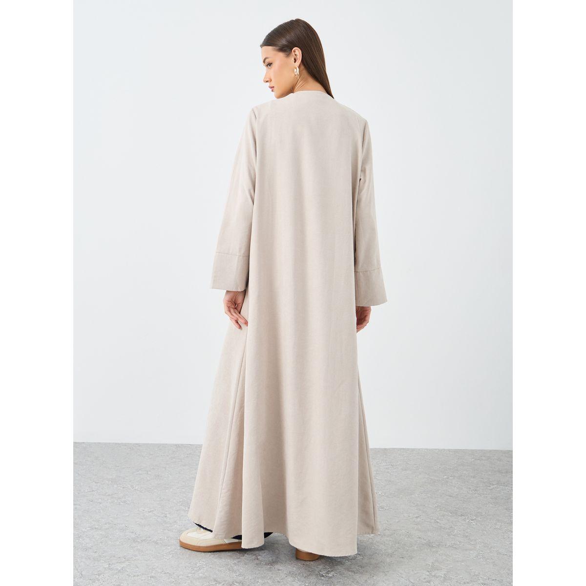 Amirah X Styli Beige Suede Look Front Open Abaya-women-arabicclothing-abayas-image-5