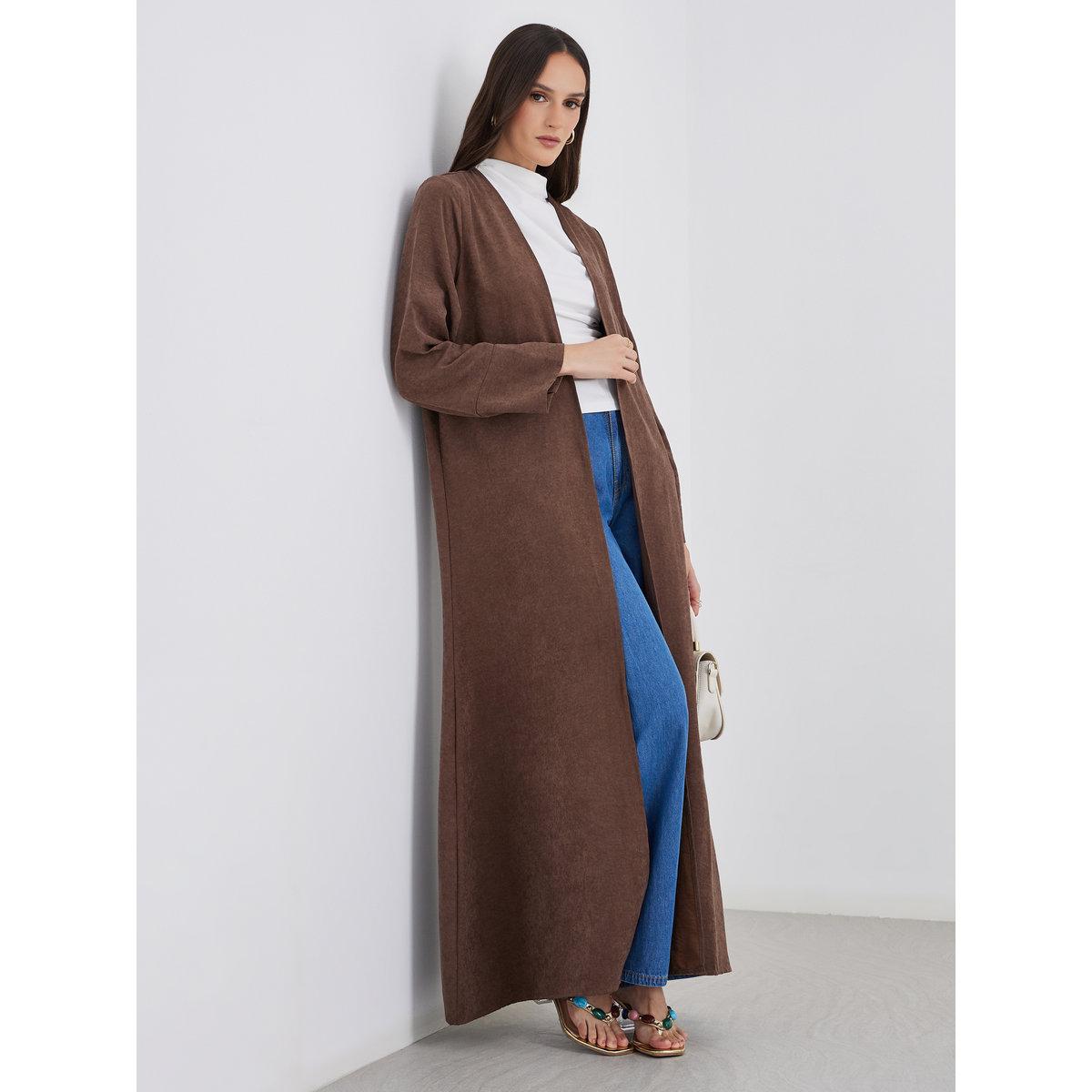 Styli Brown Suede Look Front Open Abaya-women-arabicclothing-abayas-image-1