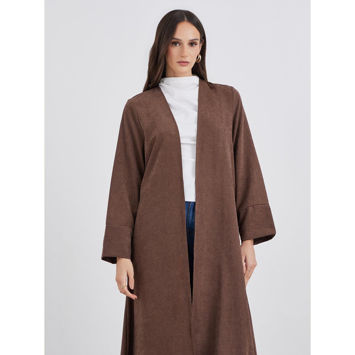 Styli Brown Suede Look Front Open Abaya-women-arabicclothing-abayas-image-2