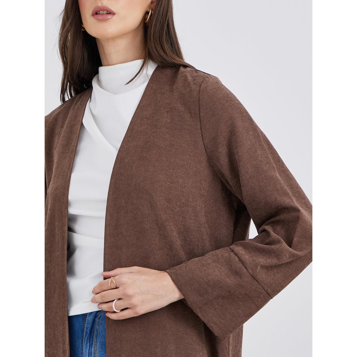 Styli Brown Suede Look Front Open Abaya-women-arabicclothing-abayas-image-3