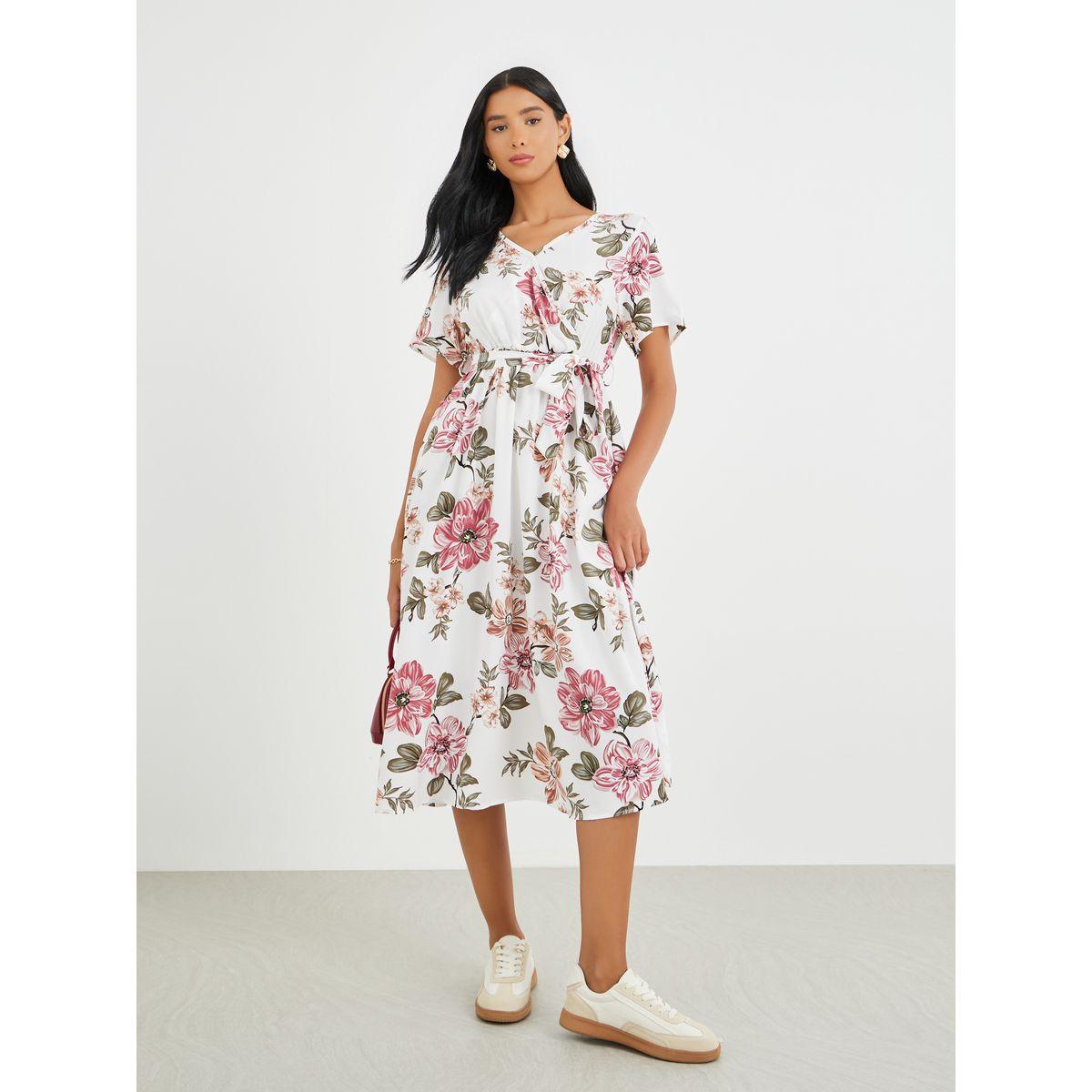 Styli Floral Print Batwing Sleeve Tie Waist Midi Dress-women-clothing-dresses-image-1