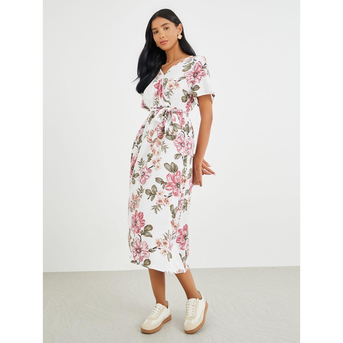 فستان ميدي بطبعة زهور وأكمام خفاش مع رباط-women-clothing-dresses-image-2