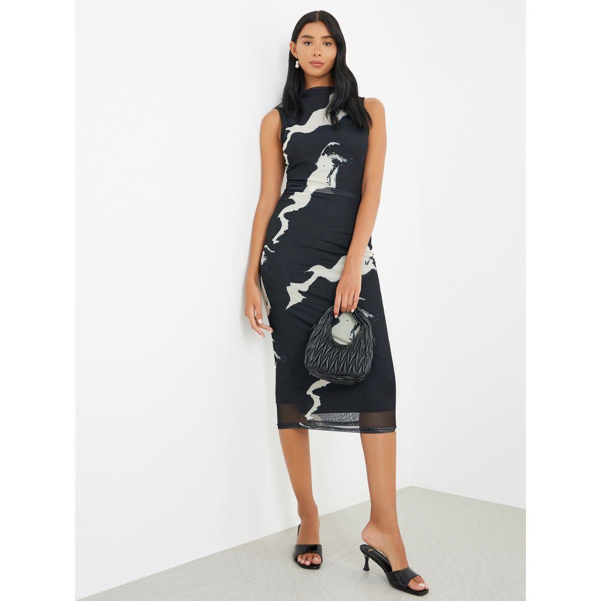 فستان ميدي بديكون بلا أكمام مع تفاصيل مزمومة-women-clothing-dresses-image-1