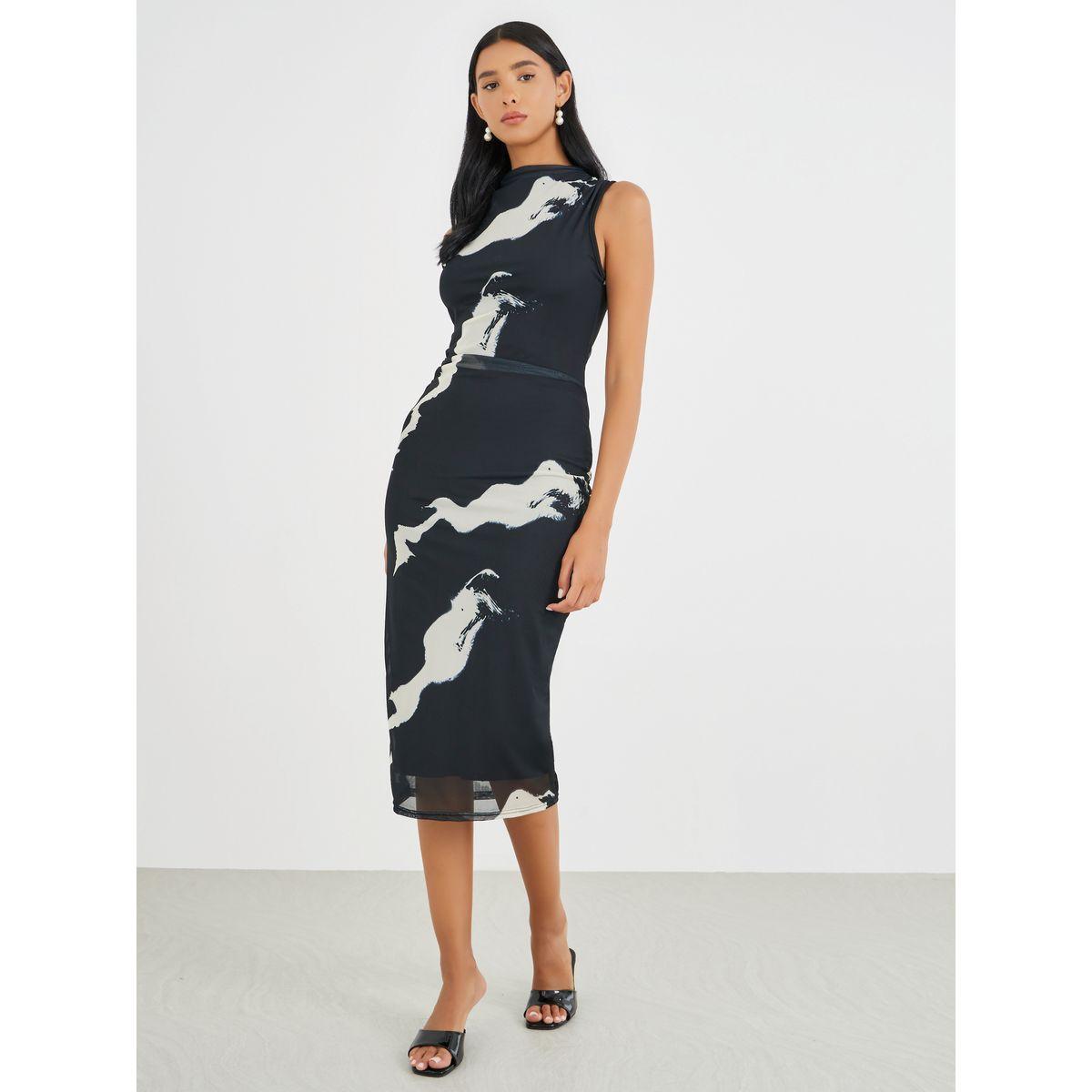 فستان ميدي بديكون بلا أكمام مع تفاصيل مزمومة-women-clothing-dresses-image-2