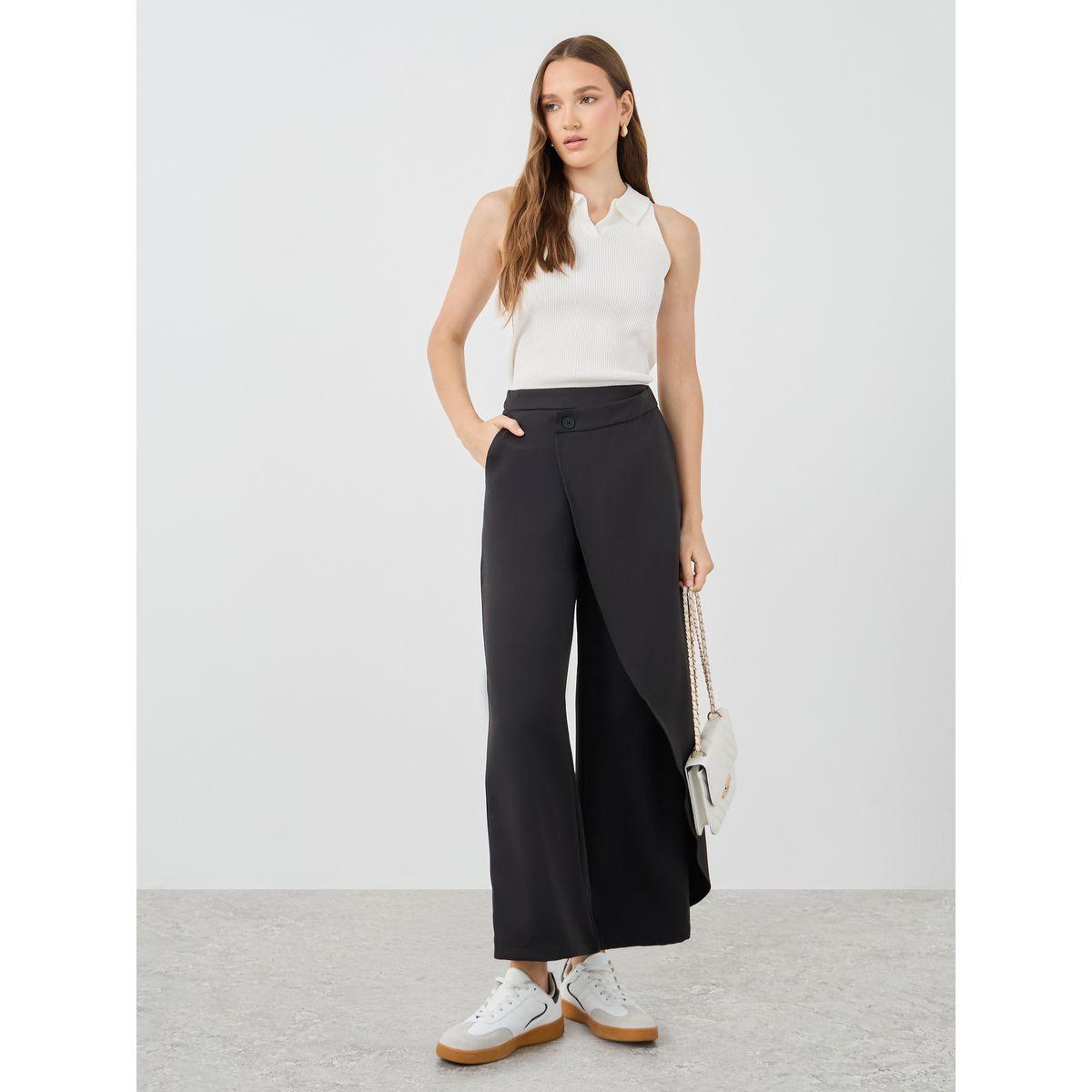 Styli Solid Button Detail Asymmetric Front Double Layer Pants-women-clothing-bottoms-trousers-image-1