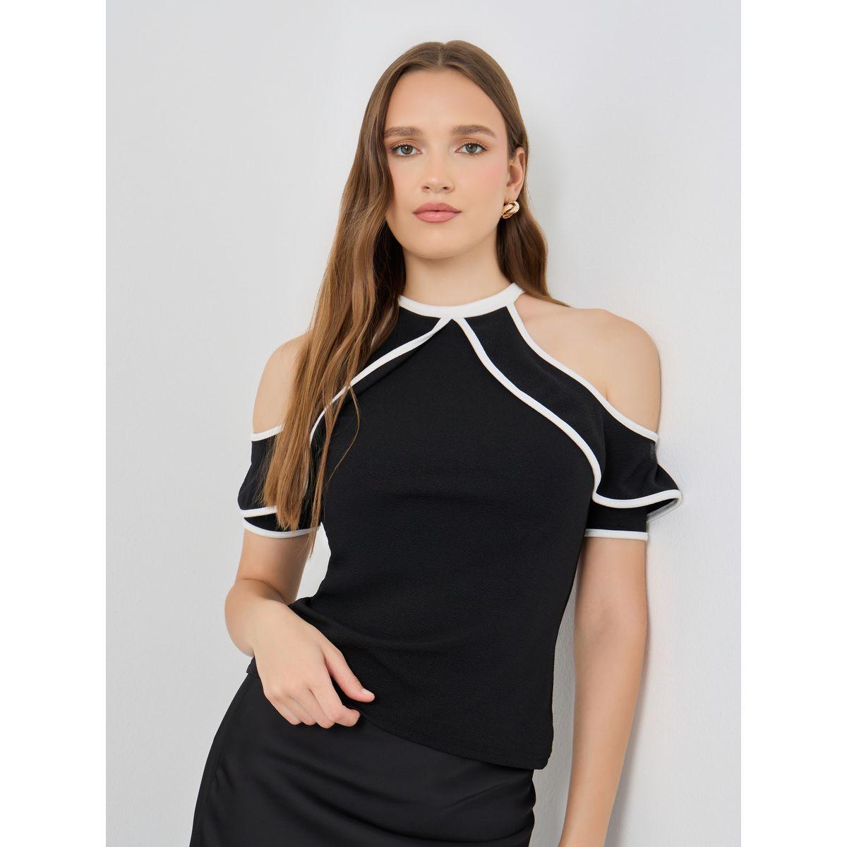 Styli Contrast Trim Cold Shoulder Top-women-clothing-shirtsandblouses-blouses-image-1