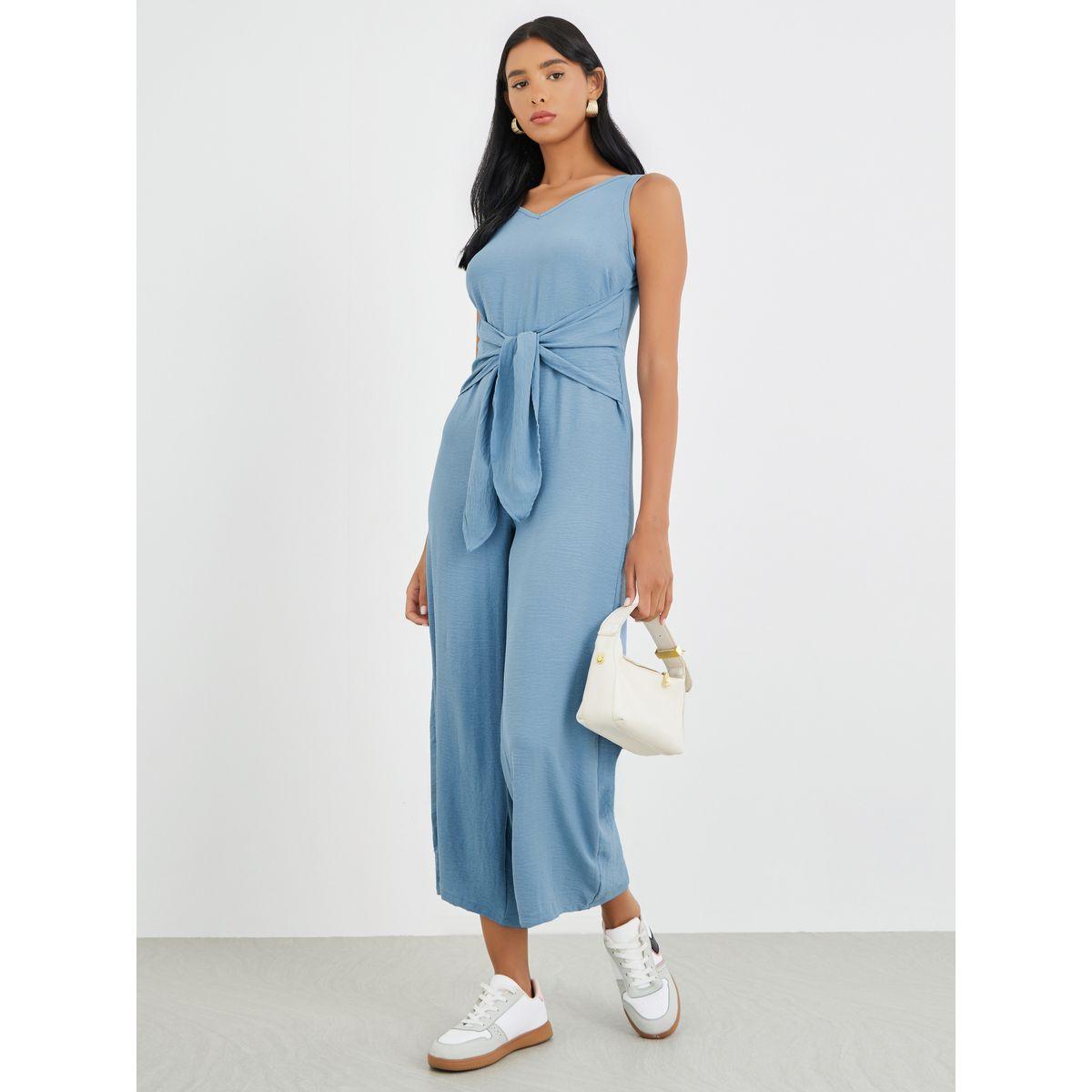 Styli Solid V-Neck Sleeveless Tie Front Wide Leg Jumpsuit-women-clothing-jumpsuits-image-1