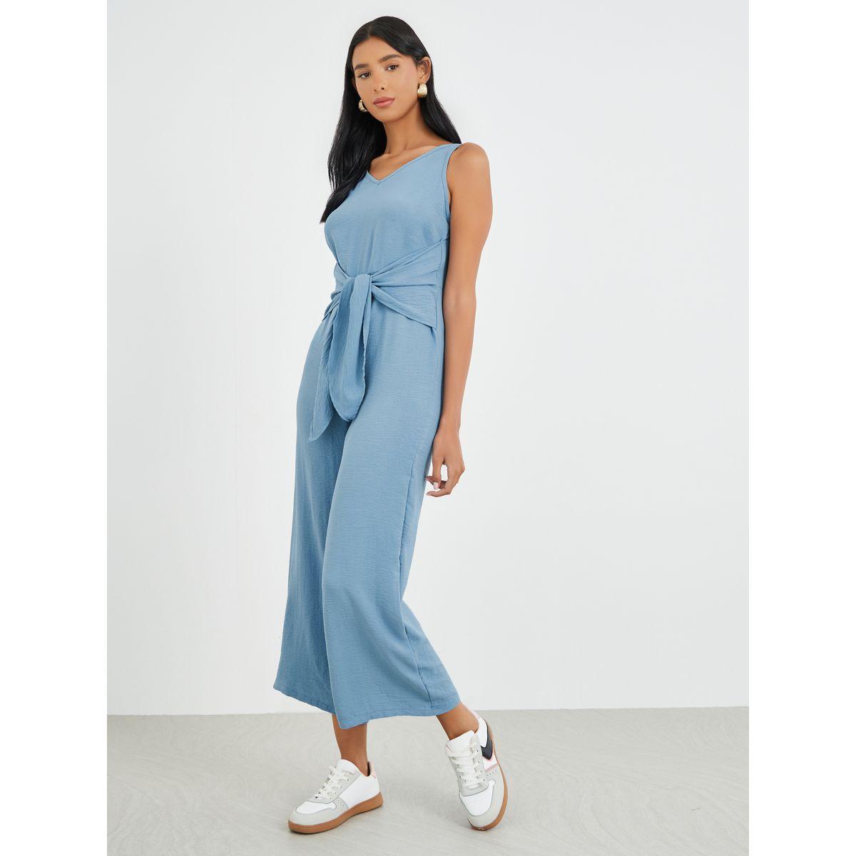 Styli Solid V-Neck Sleeveless Tie Front Wide Leg Jumpsuit-women-clothing-jumpsuits-image-2
