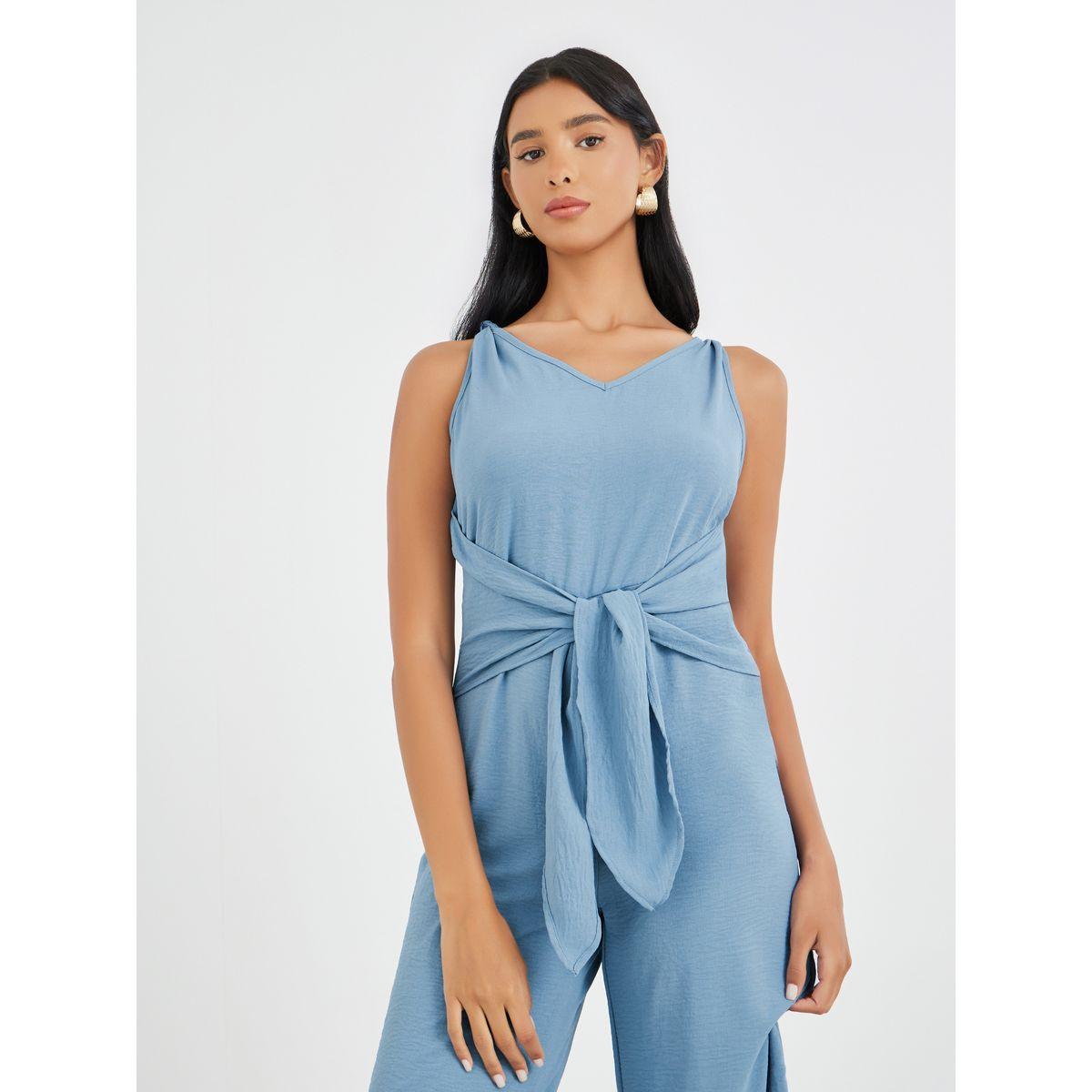 Styli Solid V-Neck Sleeveless Tie Front Wide Leg Jumpsuit-women-clothing-jumpsuits-image-3