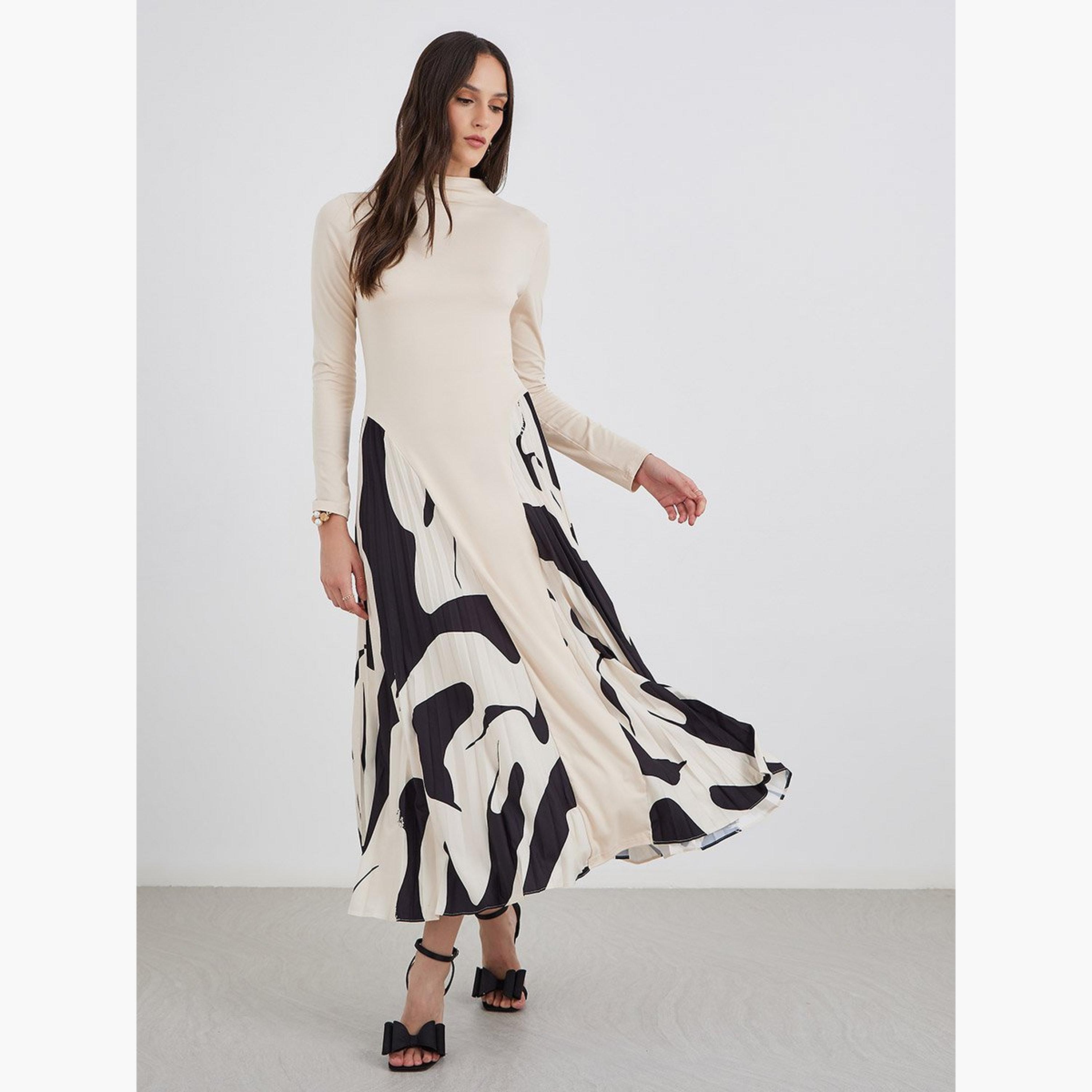 ستايلي - فستان ميدي مطبوع بأكمام طويلة وقصة A-women-clothing-dresses-image-2