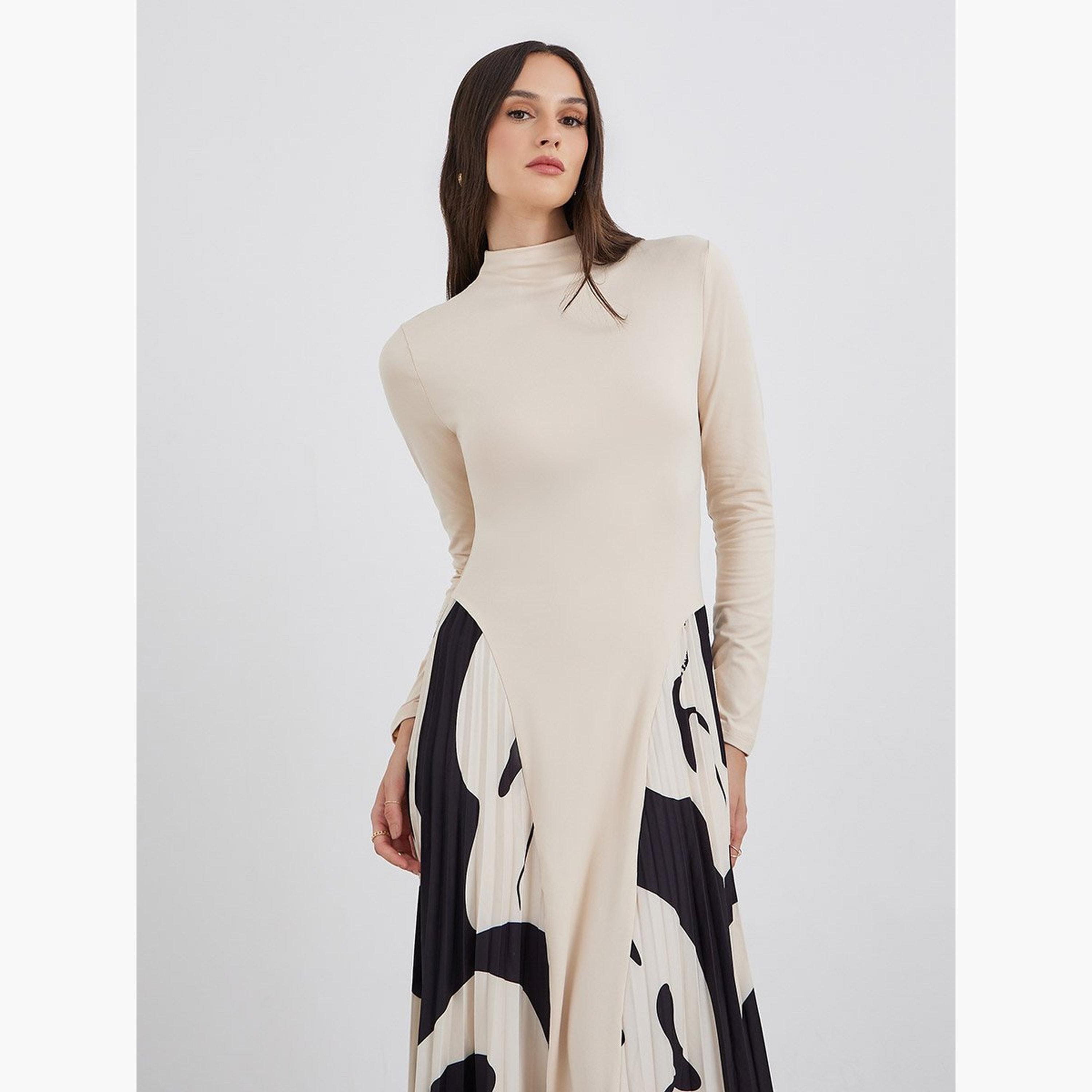 ستايلي - فستان ميدي مطبوع بأكمام طويلة وقصة A-women-clothing-dresses-image-3
