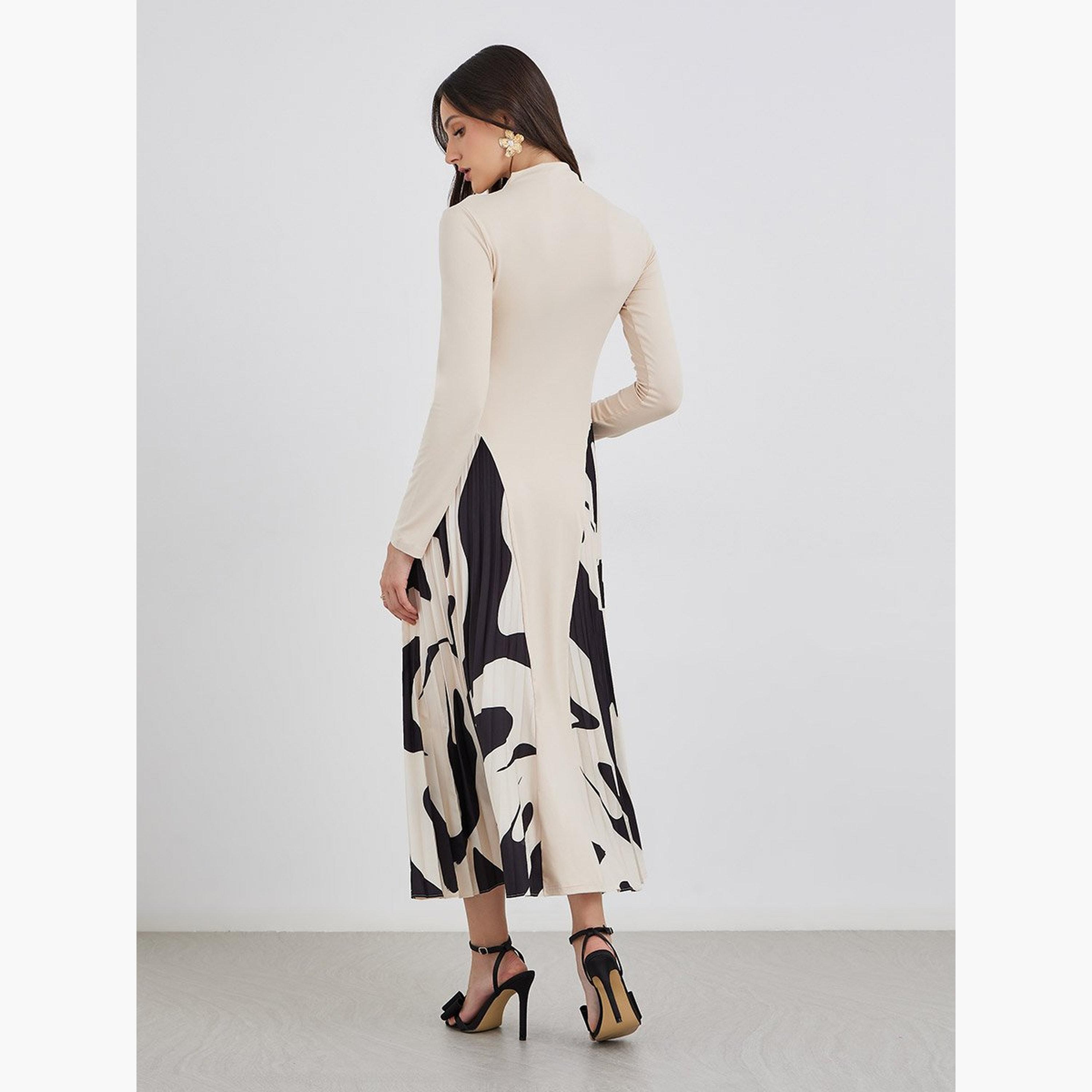 ستايلي - فستان ميدي مطبوع بأكمام طويلة وقصة A-women-clothing-dresses-image-5