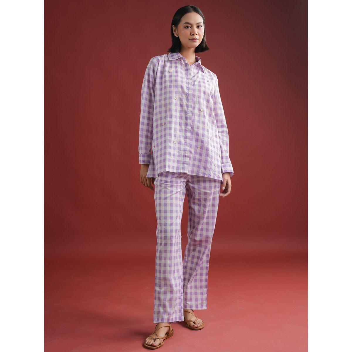 Sanskrutihomes Women Purple Checked Pure Cotton Shirt and Trousers Co-Ords-women-clothing-coordsets-image-1