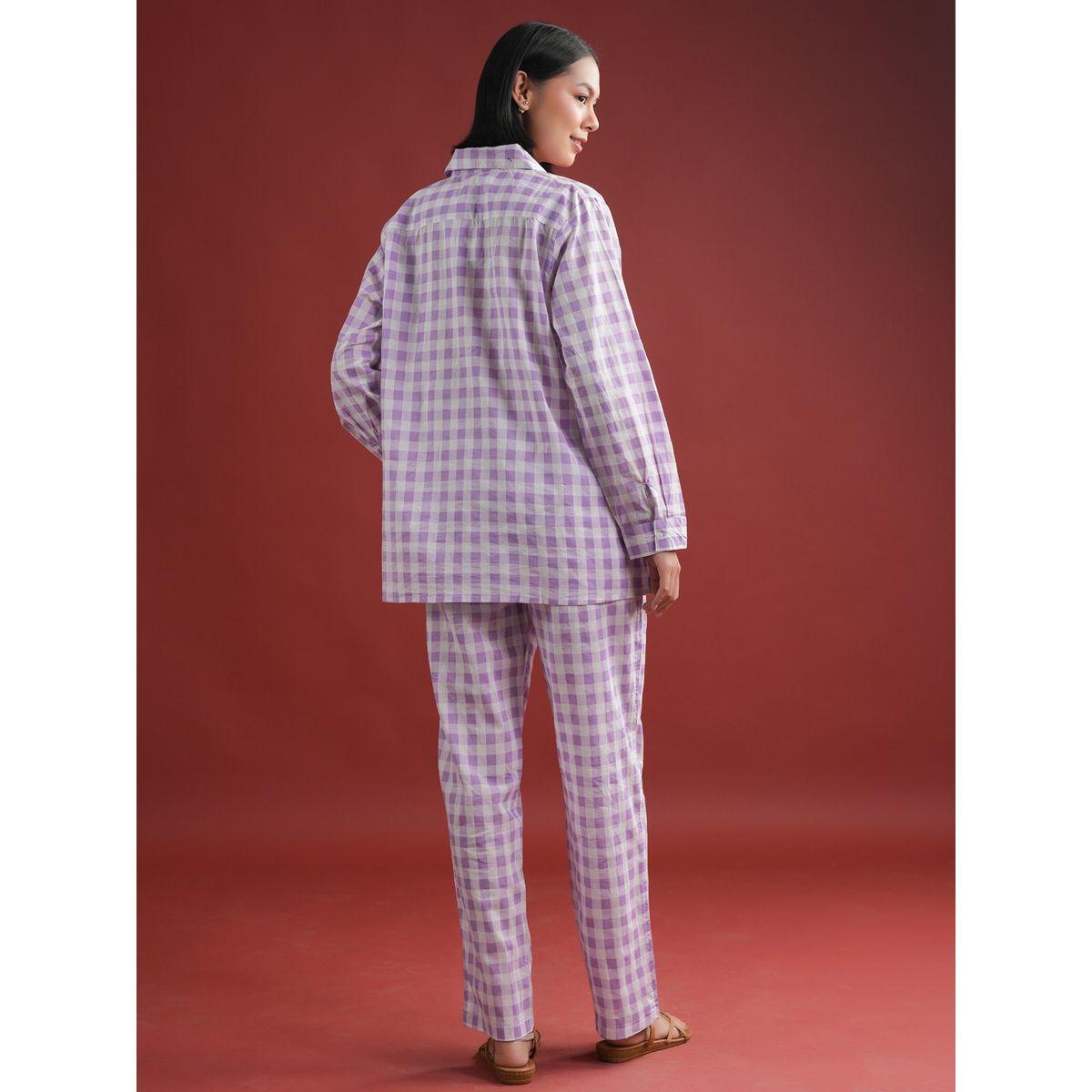 Sanskrutihomes Women Purple Checked Pure Cotton Shirt and Trousers Co-Ords-women-clothing-coordsets-image-2