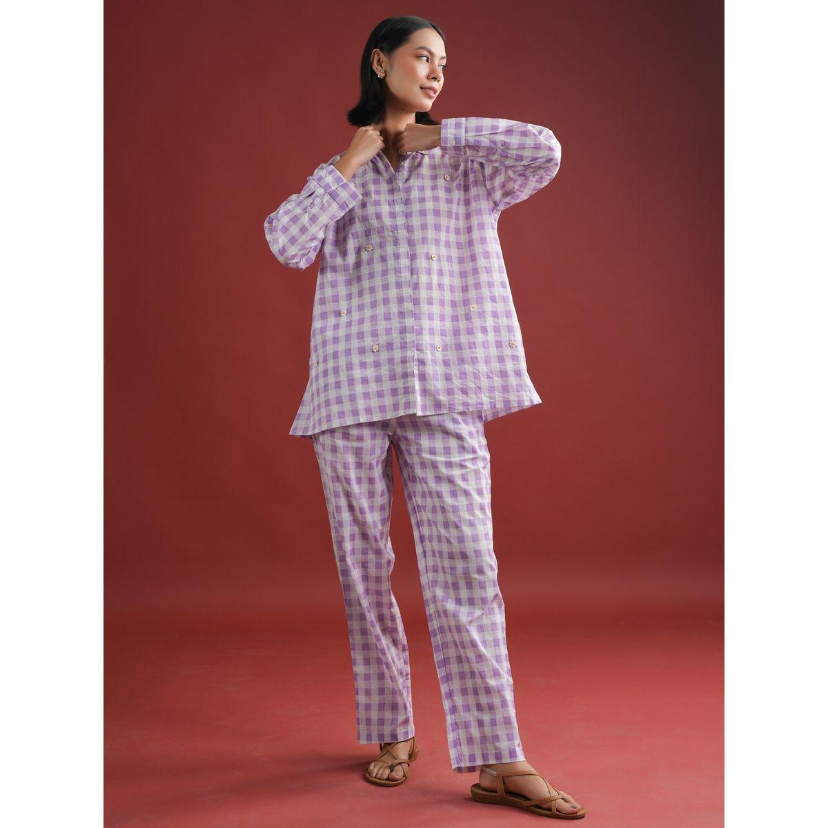 Sanskrutihomes Women Purple Checked Pure Cotton Shirt and Trousers Co-Ords-women-clothing-coordsets-image-3
