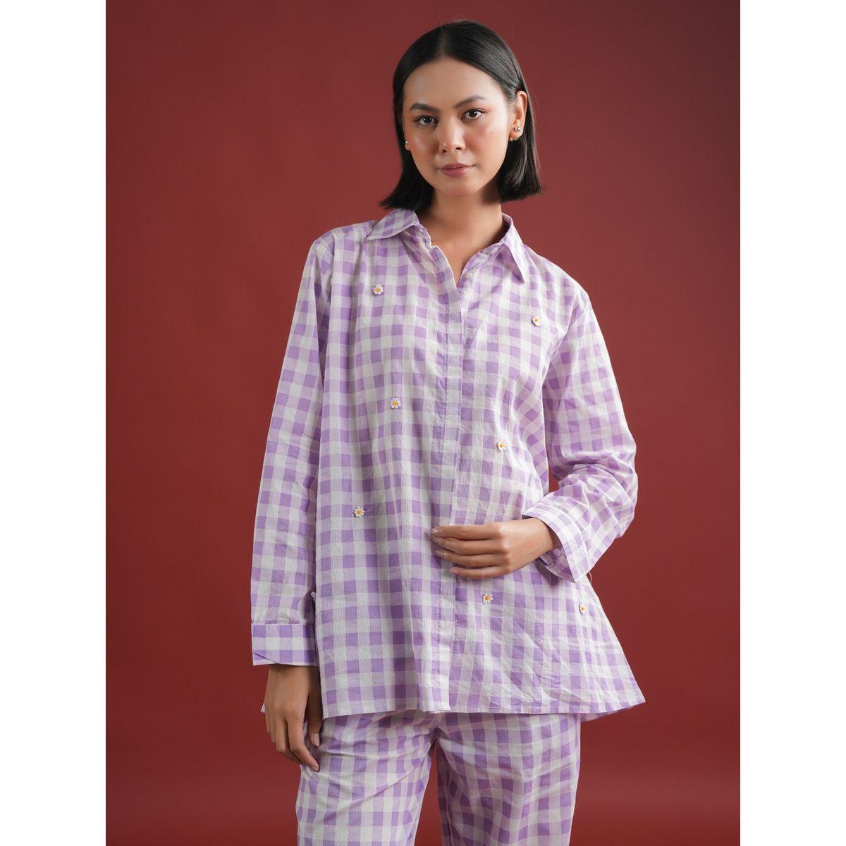 Sanskrutihomes Women Purple Checked Pure Cotton Shirt and Trousers Co-Ords-women-clothing-coordsets-image-4