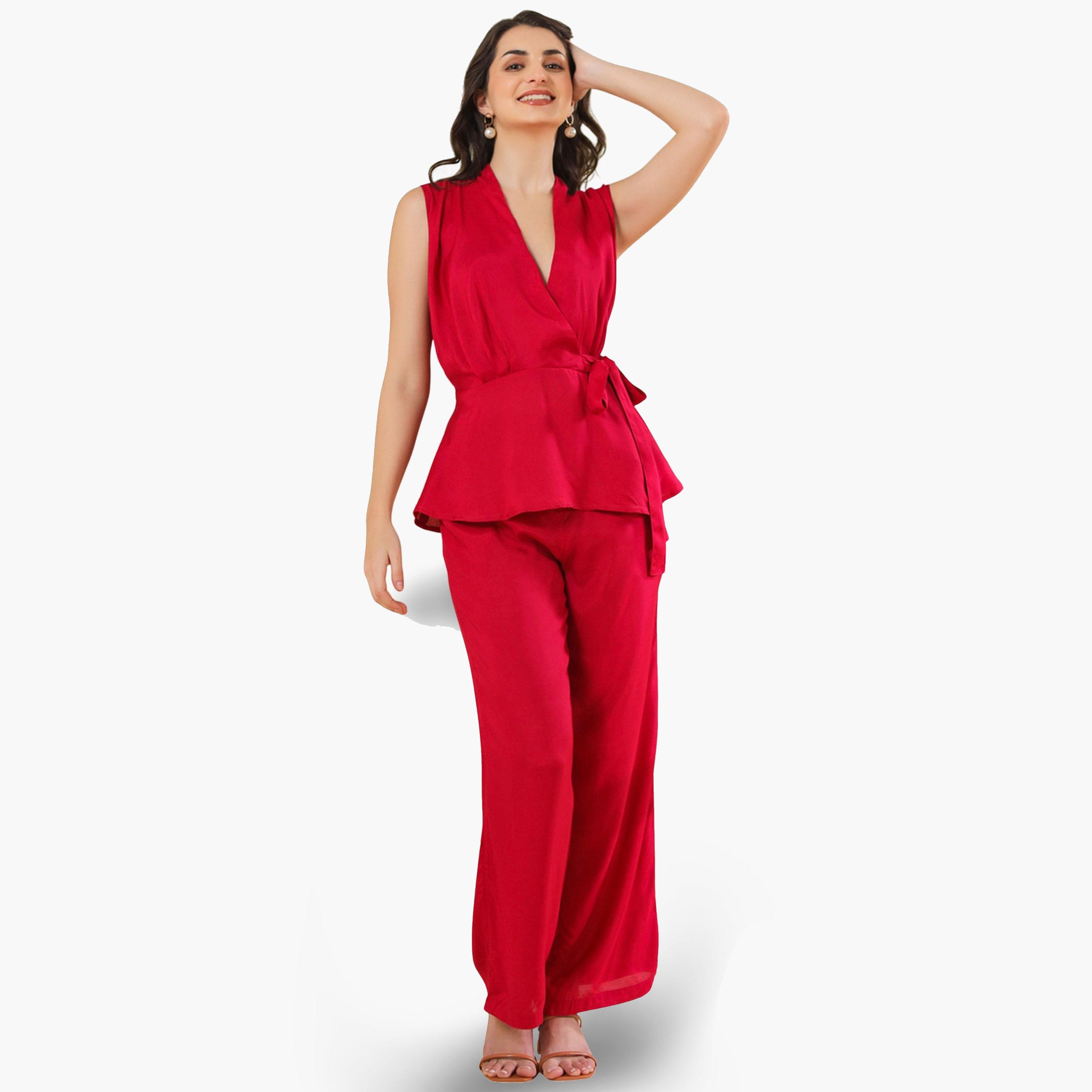 Sanskrutihomes Women Red Sleeveless Top and Trousers Co-Ords-women-clothing-coordsets-image-1