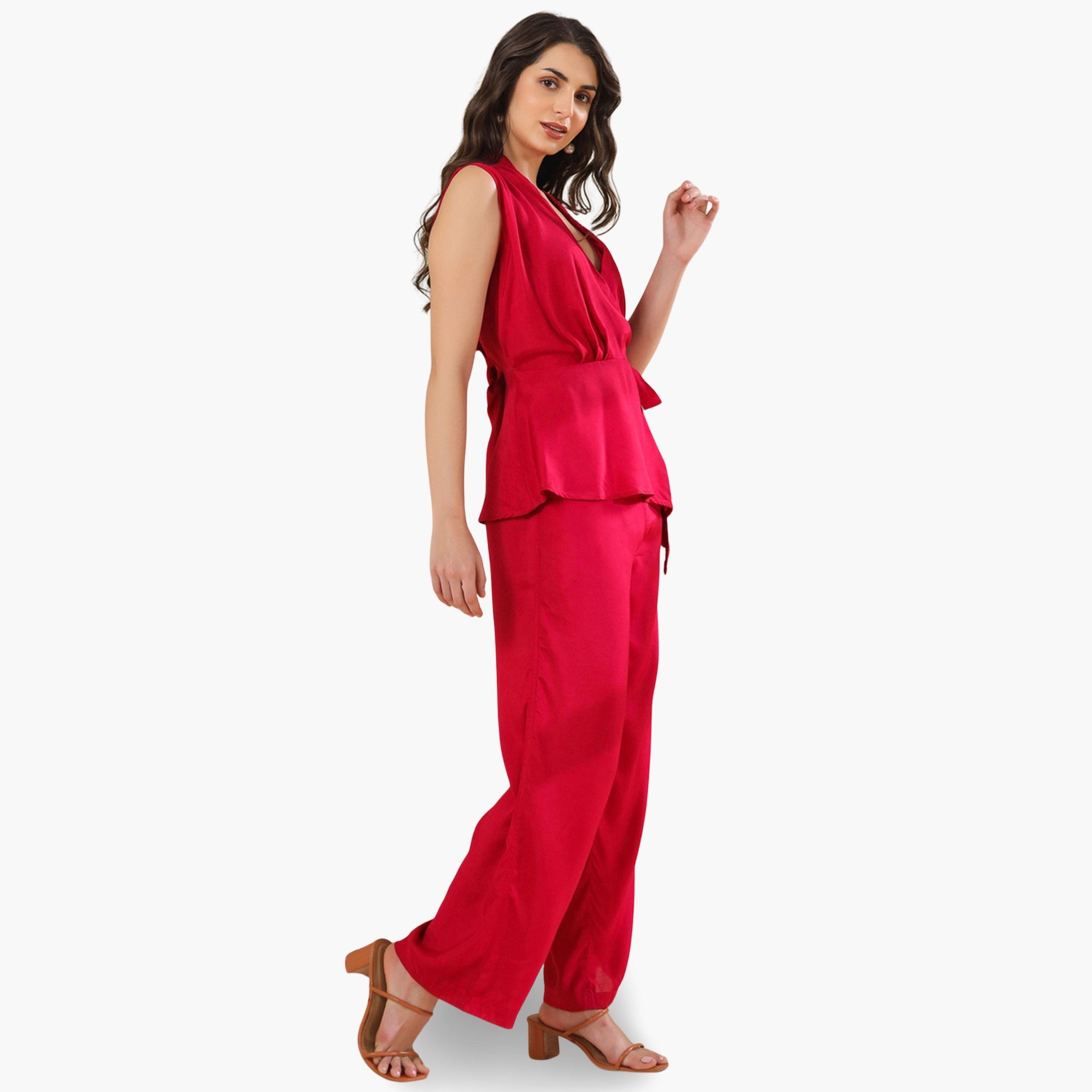 Sanskrutihomes Women Red Sleeveless Top and Trousers Co-Ords-women-clothing-coordsets-image-3
