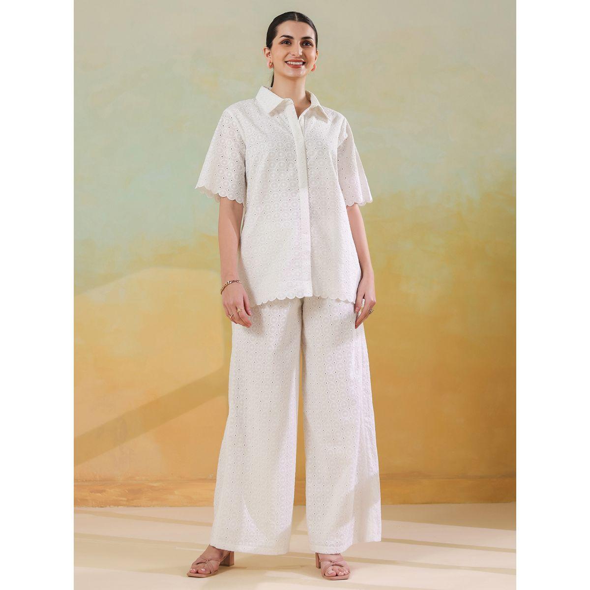 Sanskrutihomes Schiffli Short Sleeve Shirt and Trousers Co-Ords-women-clothing-coordsets-image-1