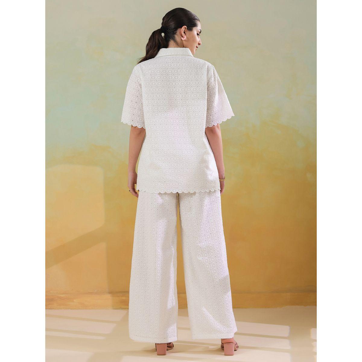 Sanskrutihomes Schiffli Short Sleeve Shirt and Trousers Co-Ords-women-clothing-coordsets-image-2