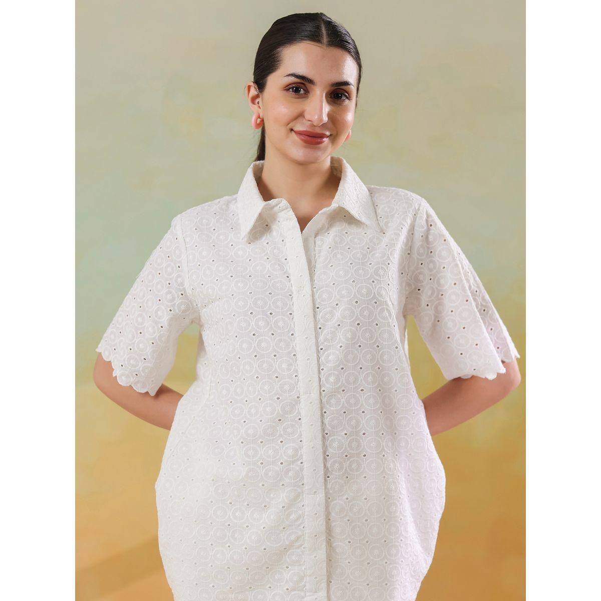 Sanskrutihomes Schiffli Short Sleeve Shirt and Trousers Co-Ords-women-clothing-coordsets-image-3