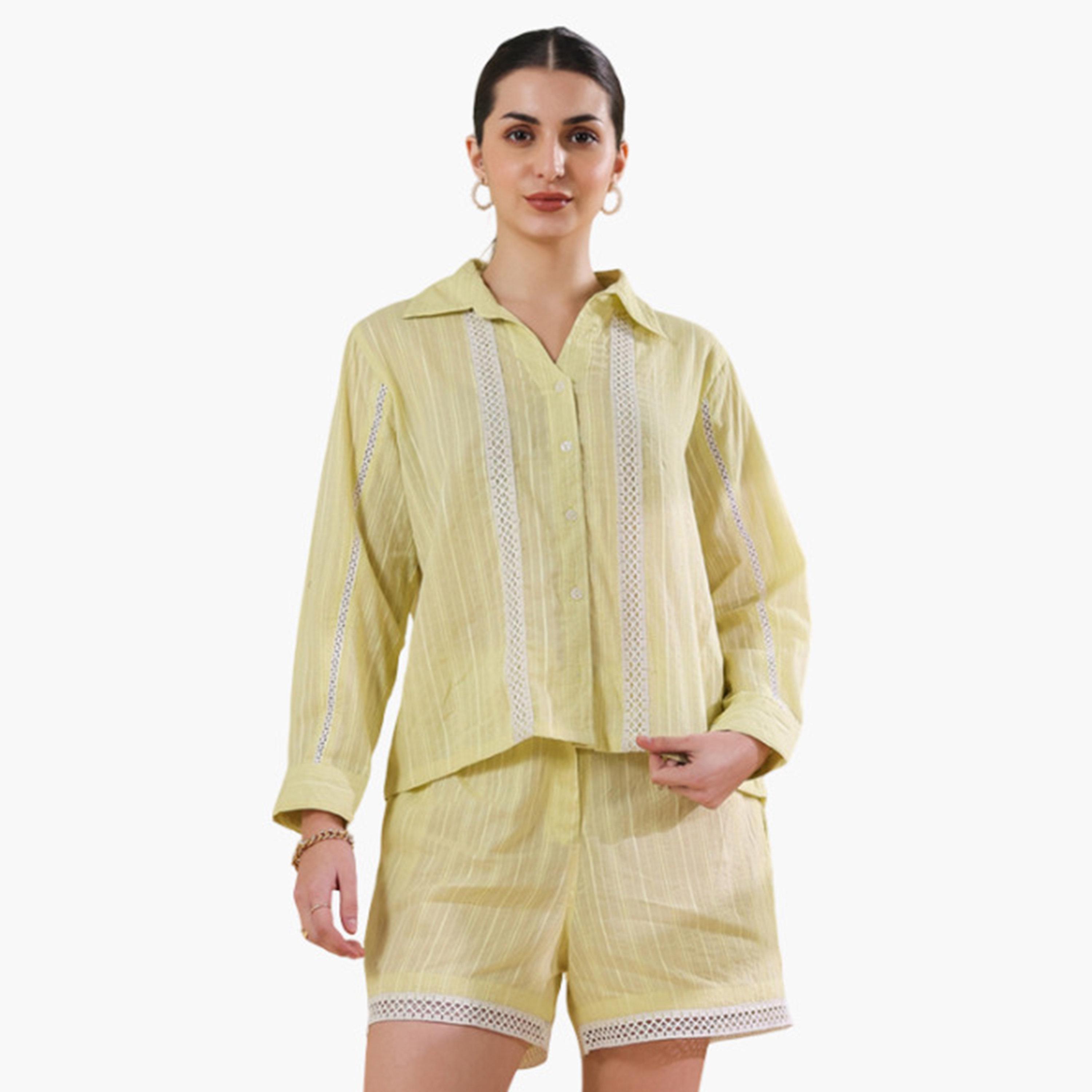طقم نسائي من قميص مخطط وشورت قطن خالص-women-clothing-coordsets-image-1