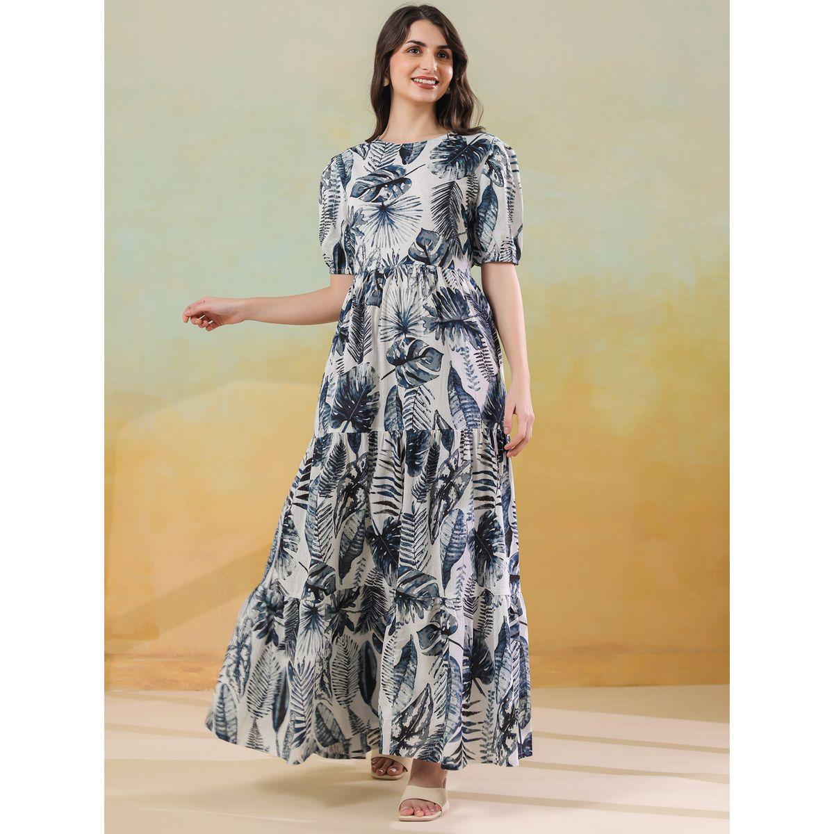 فستان طويل مطبع بزهور مع أكمام منفوخة مع أربطة-women-clothing-dresses-image-1