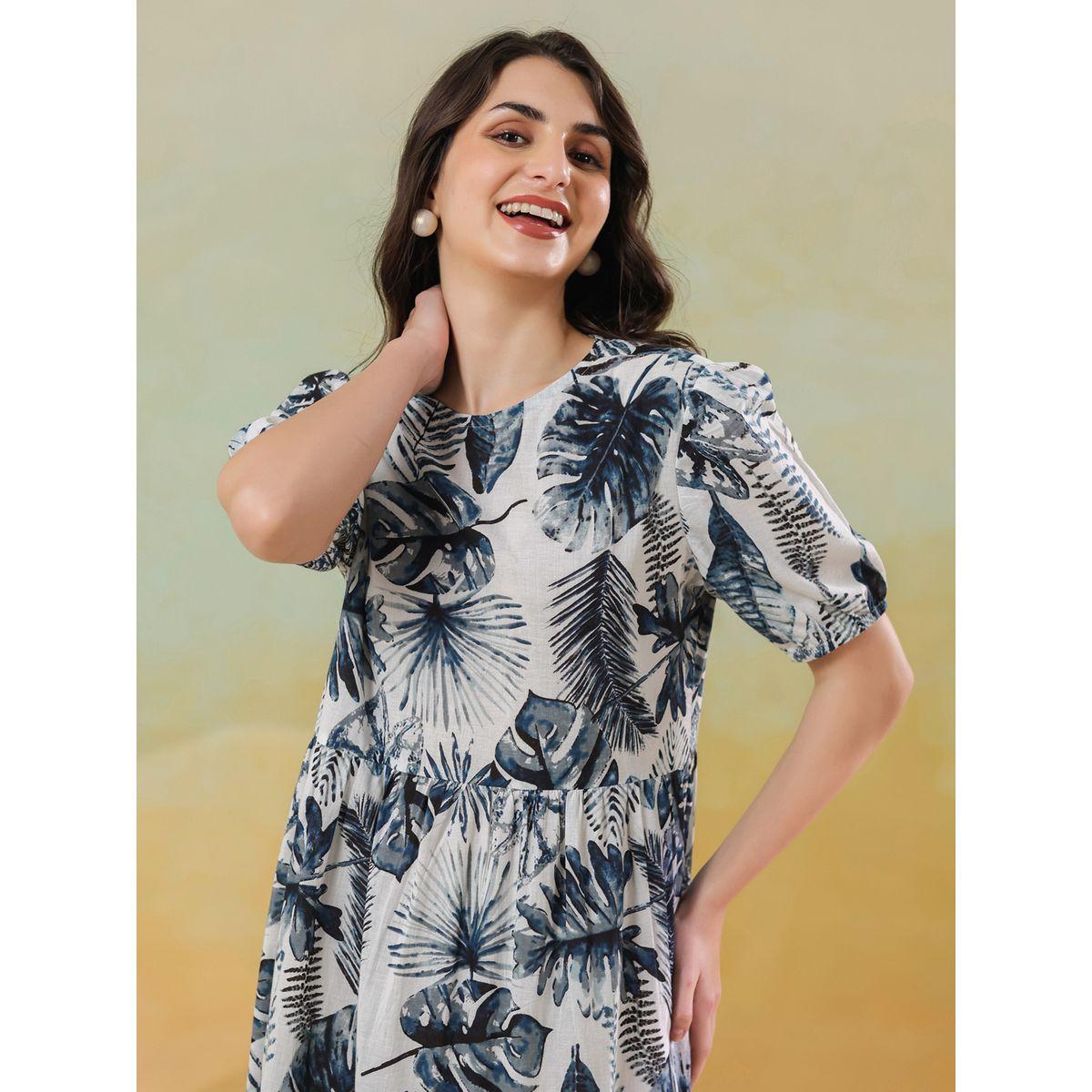 Sanskrutihomes Floral Print Puff Sleeves Tiered Maxi Dress with Back Tie-women-clothing-dresses-image-3
