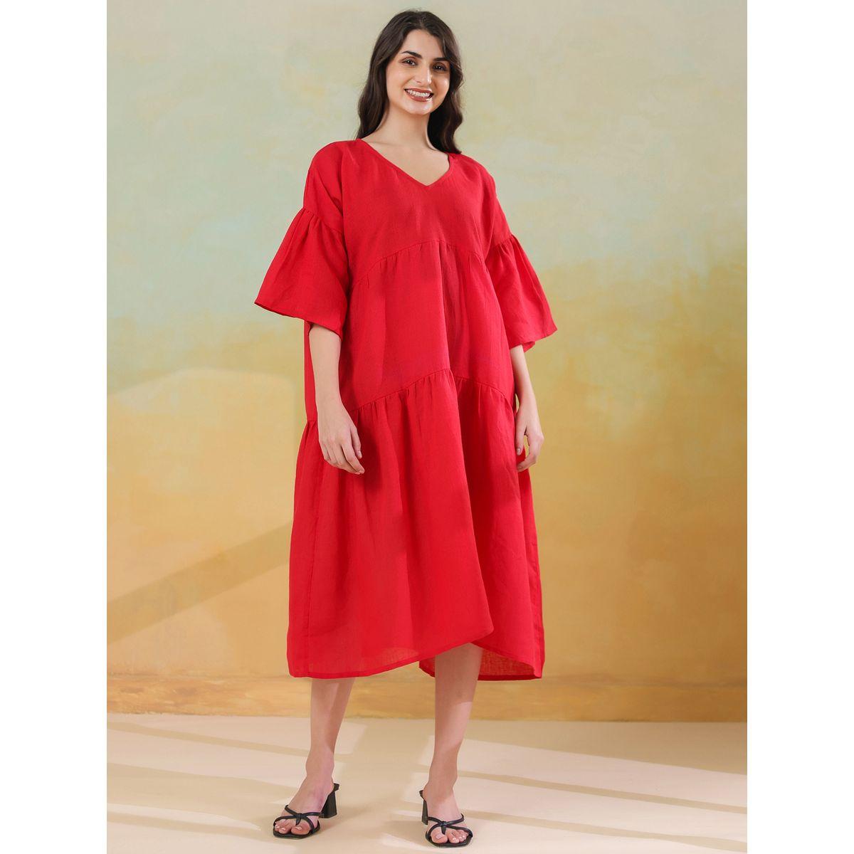 Sanskrutihomes Women Red Linen Blend V Neck A-Line Midi Dress-women-clothing-dresses-image-1